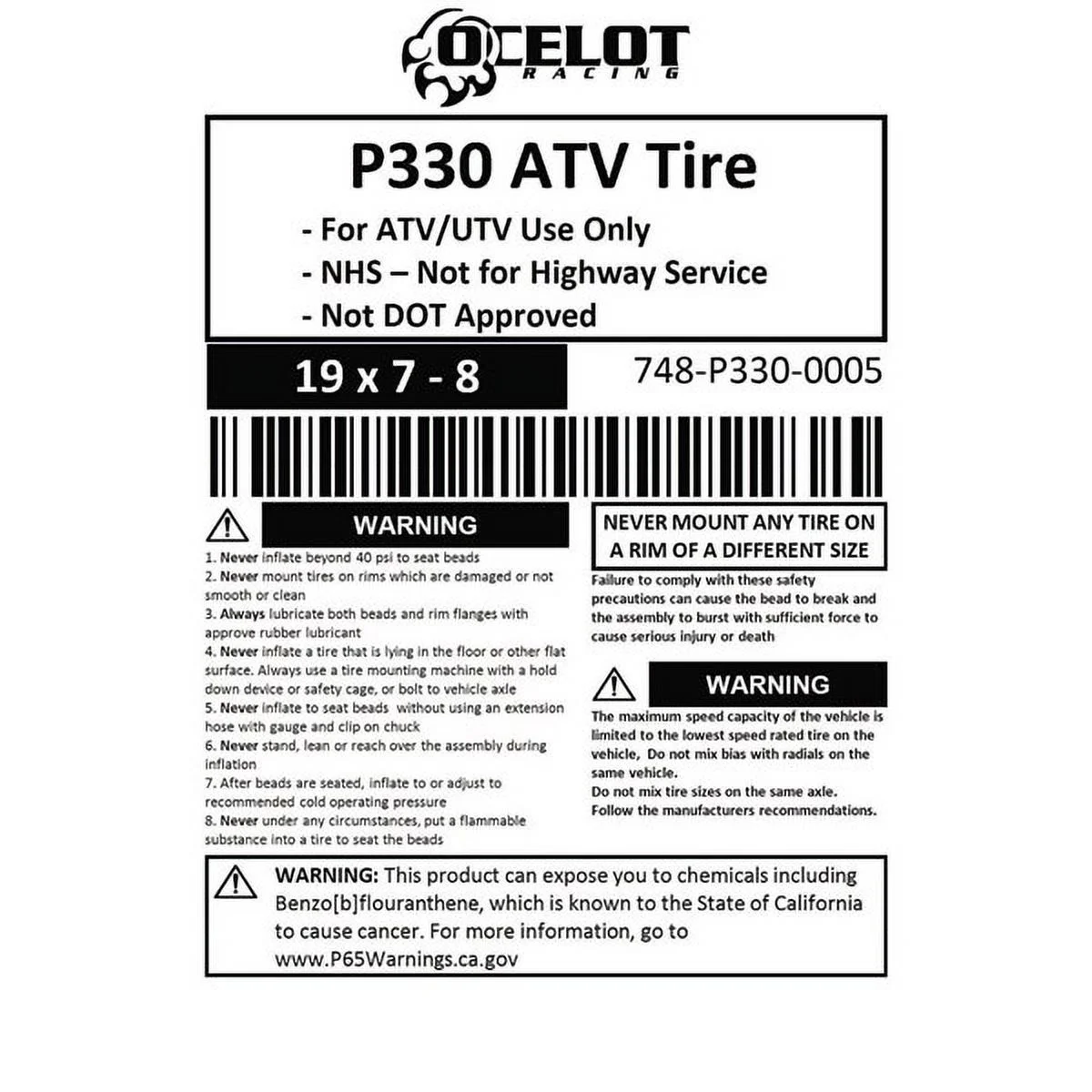 Ocelot Dual Sport All Purpose Trail Wolf ATV OEM  Tire 19X7-8 P327 - Inhomebuy