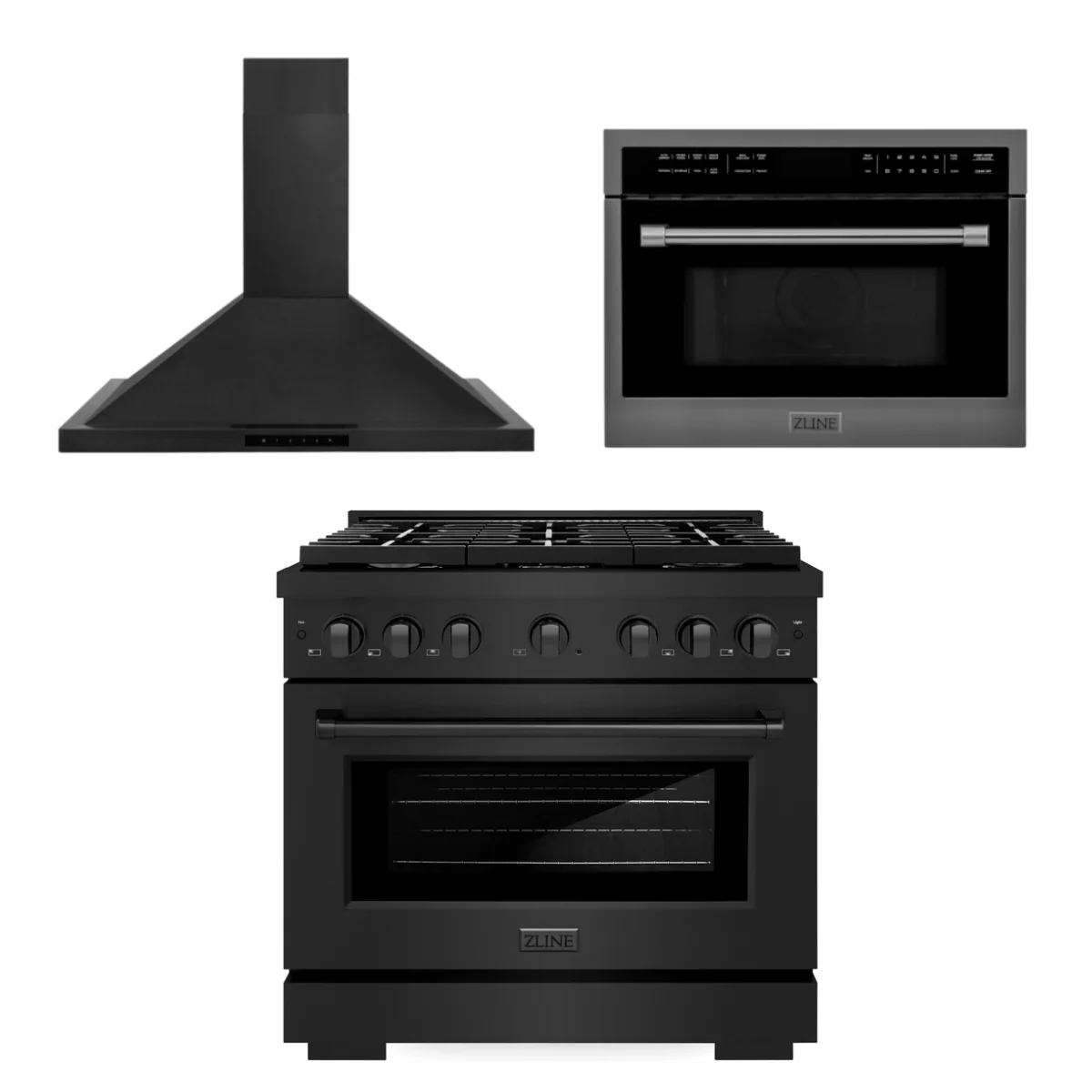ZLINE Appliance Package - 36 In. Gas Range with Brass Burners, Range Hood, Microwave Oven in Black Stainless Steel, 3KP-SGRBRHMWO-36 - Inhomebuy