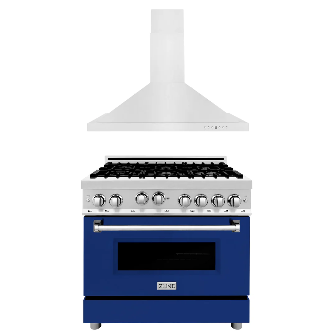 ZLINE 36 in. Gas Range with Blue Gloss Door & 36 in. Range Hood Appliance Package, 2KP-RGBGRH36 - Inhomebuy