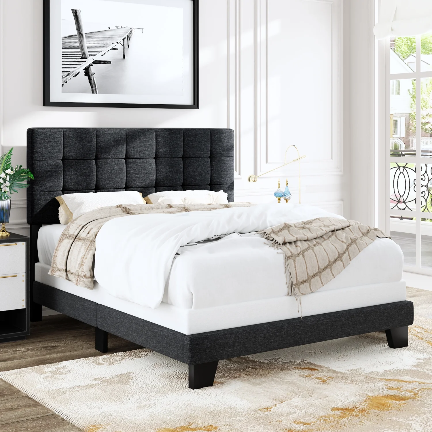Allewie Queen Size Panel Platform Bed Frame with Adjustable High Upholstered Headboard, Grey - Inhomebuy