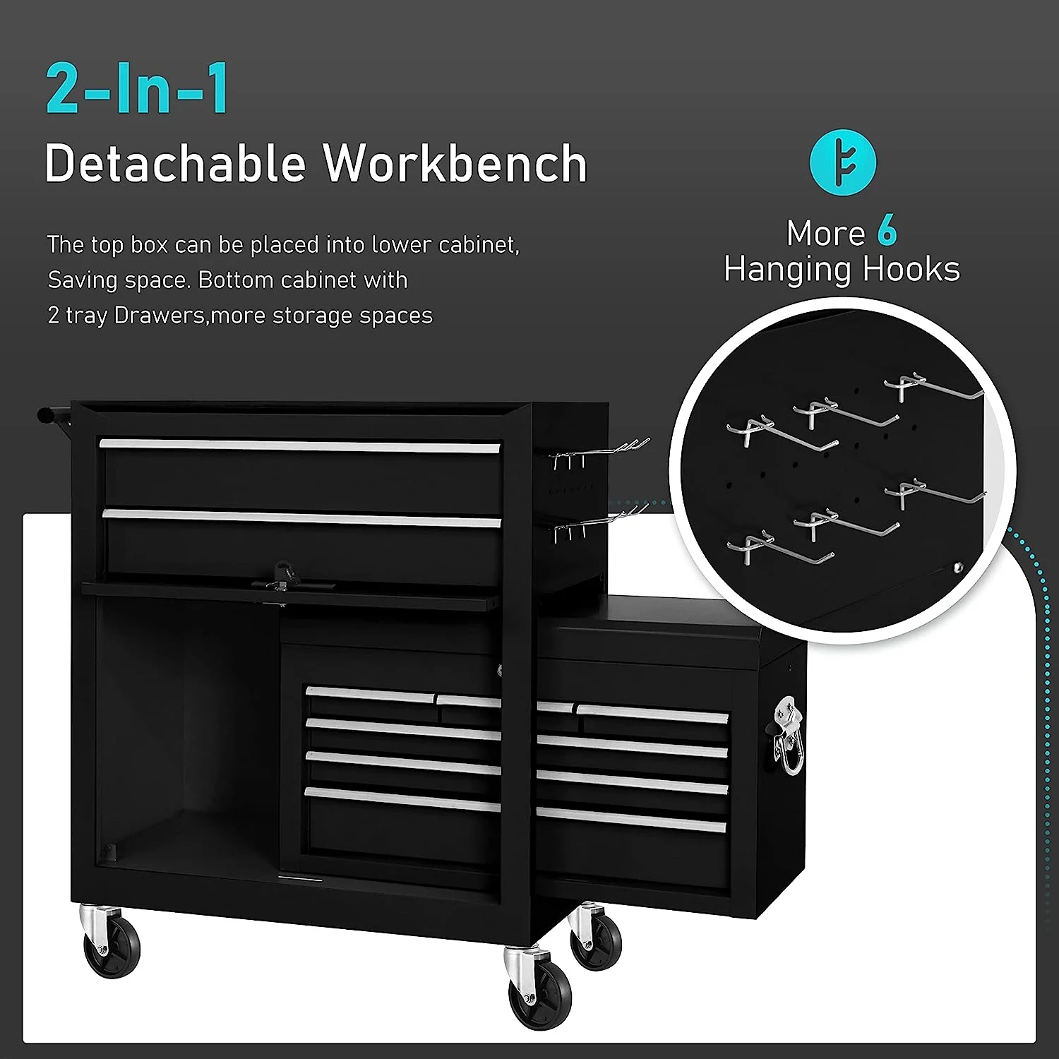 2-IN-1  Tool Chest & Cabinet, Large Capacity 8-Drawer Rolling Tool Box Organizer with Wheels Lockable Craft, Black - Inhomebuy