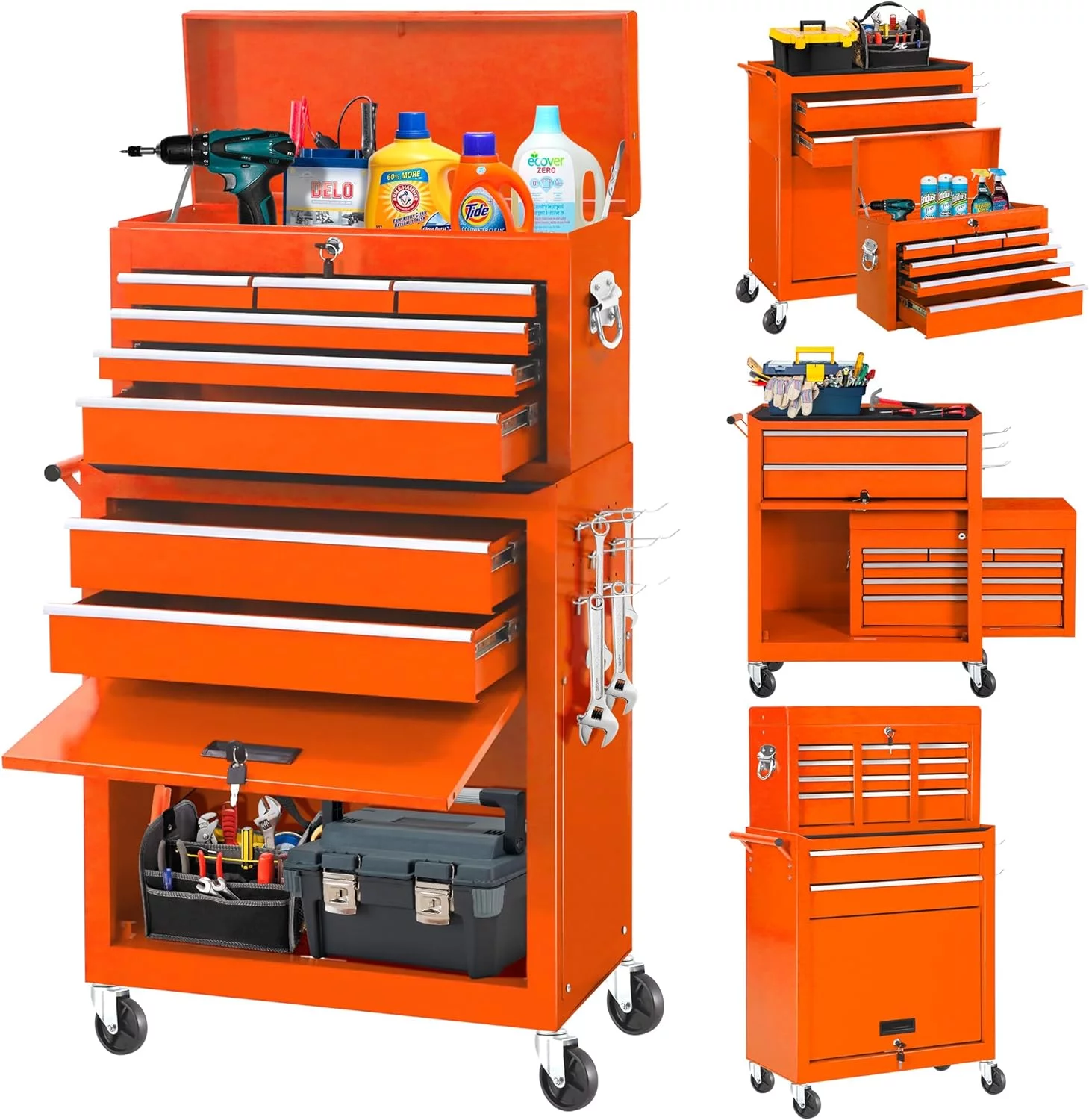 2-IN-1  Tool Chest & Cabinet, Large Capacity 8-Drawer Rolling Tool Box Organizer with Wheels Lockable Craft, Black - Inhomebuy