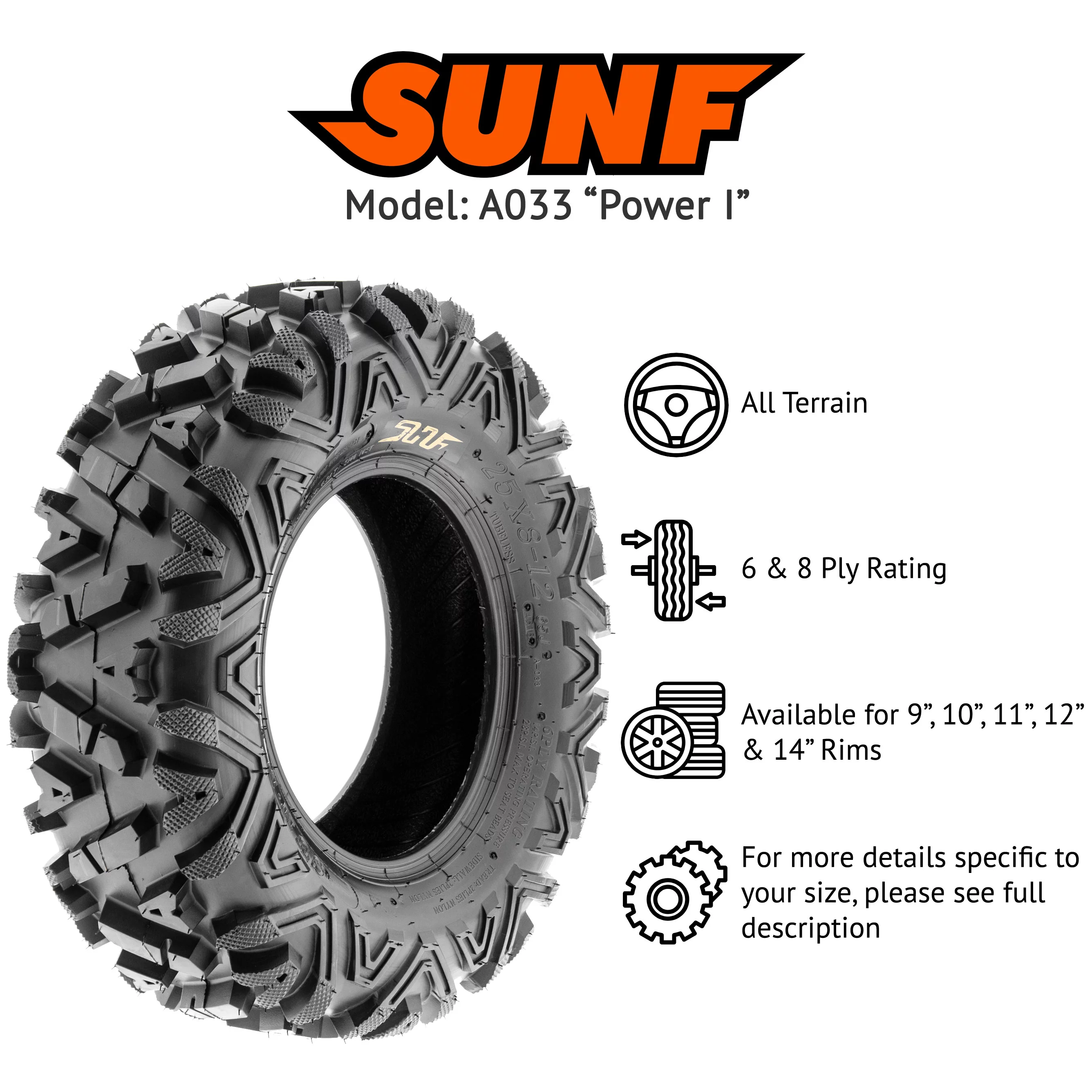 SunF All Terrain ATV UTV Tires 25x8-12 25x8x12 6 PR A033 (Single) - Inhomebuy