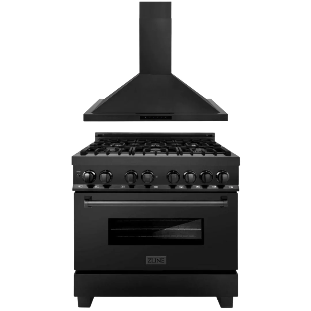 ZLINE 36 in. Dual Fuel Range, Range Hood Black Stainless Steel Appliance Package, 2KP-RABRH36 - Inhomebuy