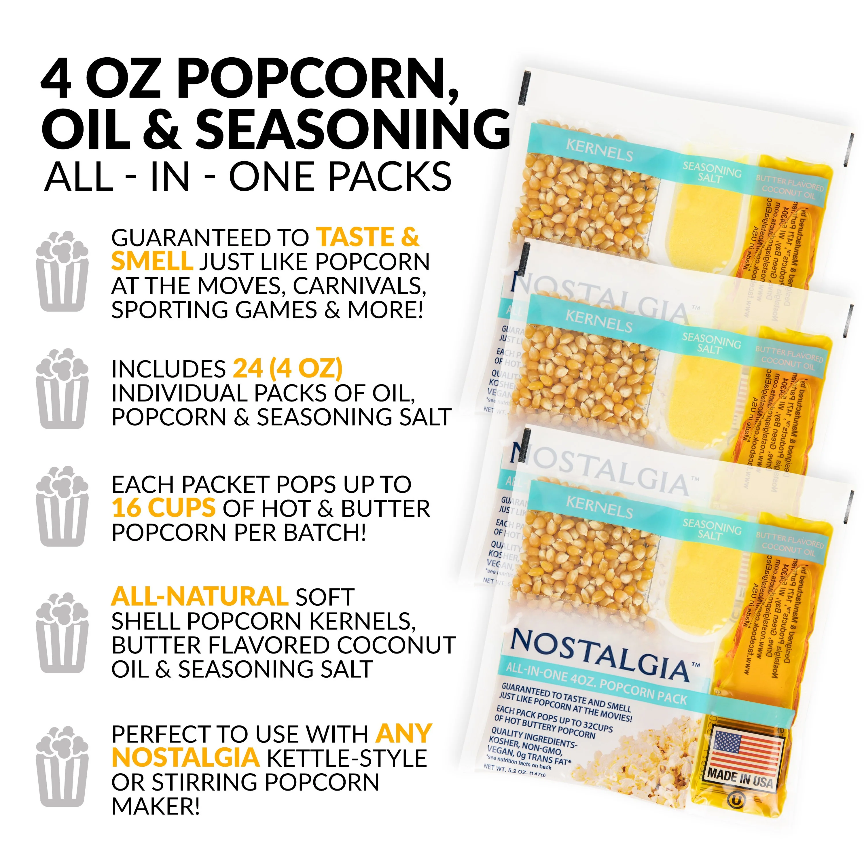 Best Tasting Premium 4-Ounce Popcorn, Oil & Seasoning Salt All-In-One Packs - 24 Count - Inhomebuy