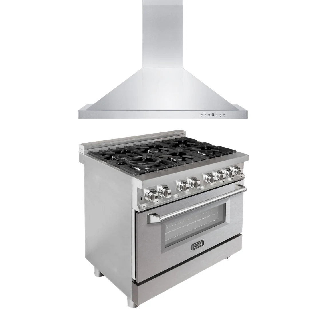 ZLINE Kitchen and Bath 36 in. Dual Fuel Range with DuraSnow® Door & 36 in. Range Hood Appliance Package, 2KP-RASNRH36 - Inhomebuy