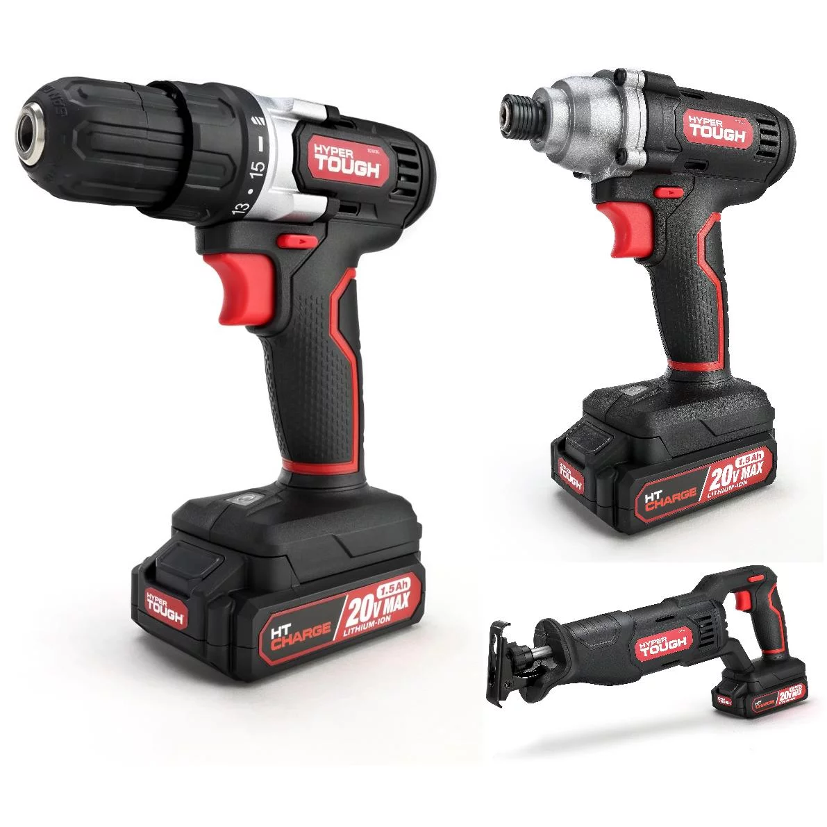 Hyper Tough 20V Cordless 3/8” Drill, 1/4” Impact Driver & Reciprocating Saw Bundle, (3) 1.5Ah Lithium-Ion Batteries & (3) Chargers - Inhomebuy