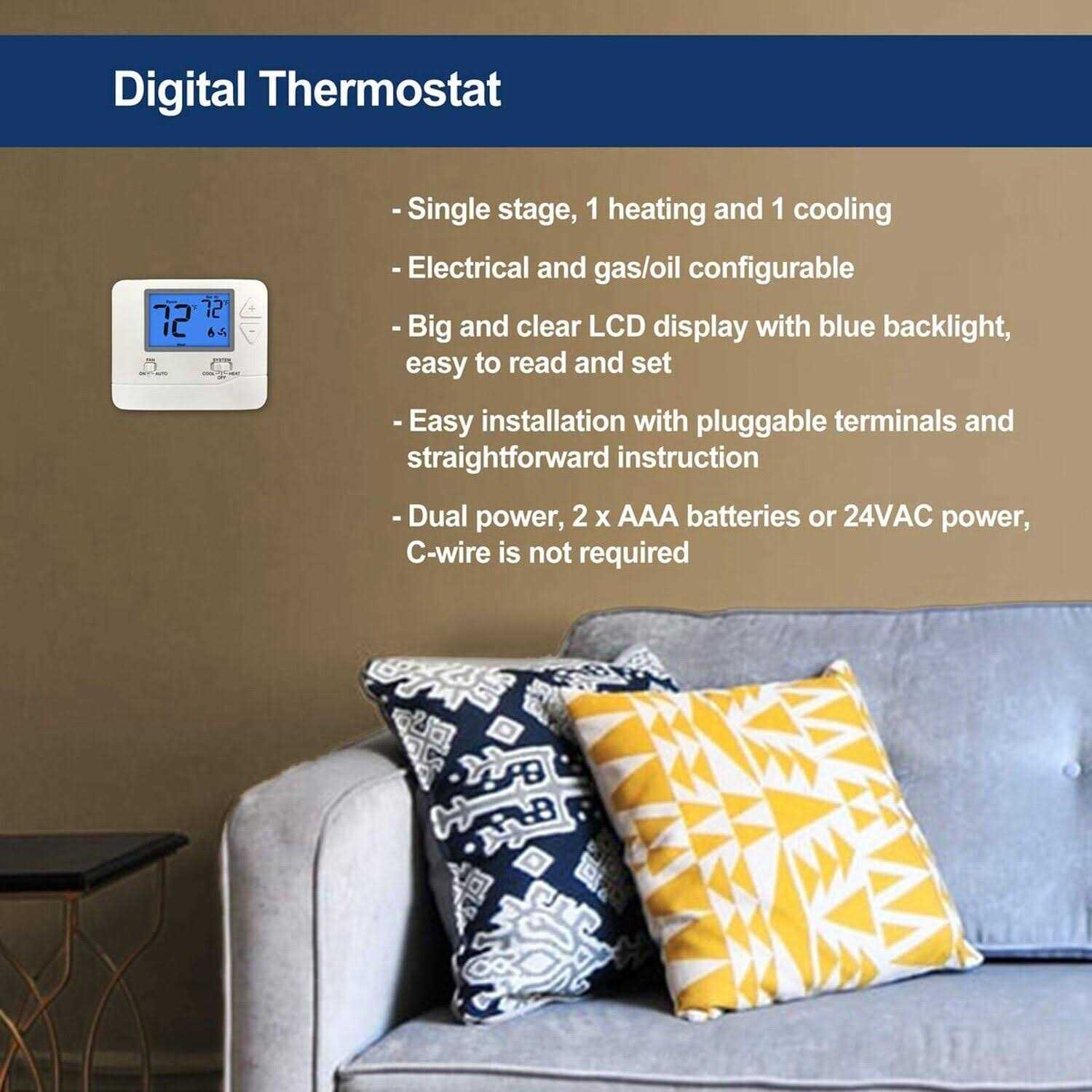 Electeck Digital Thermostat with Large LCD Display, Non-Programmable, Compatible with Single Stage Electrical and Gas/Oil System - Inhomebuy