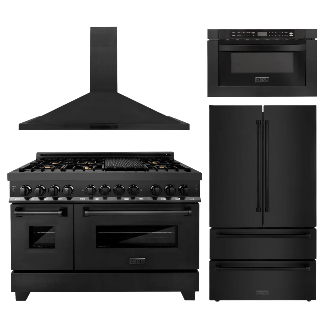 ZLINE Appliance Package - 48 in. Dual Fuel Range, Range Hood, Microwave Drawer, Refrigerator in Black Stainless, 4KPR-RABRH48-MW - Inhomebuy