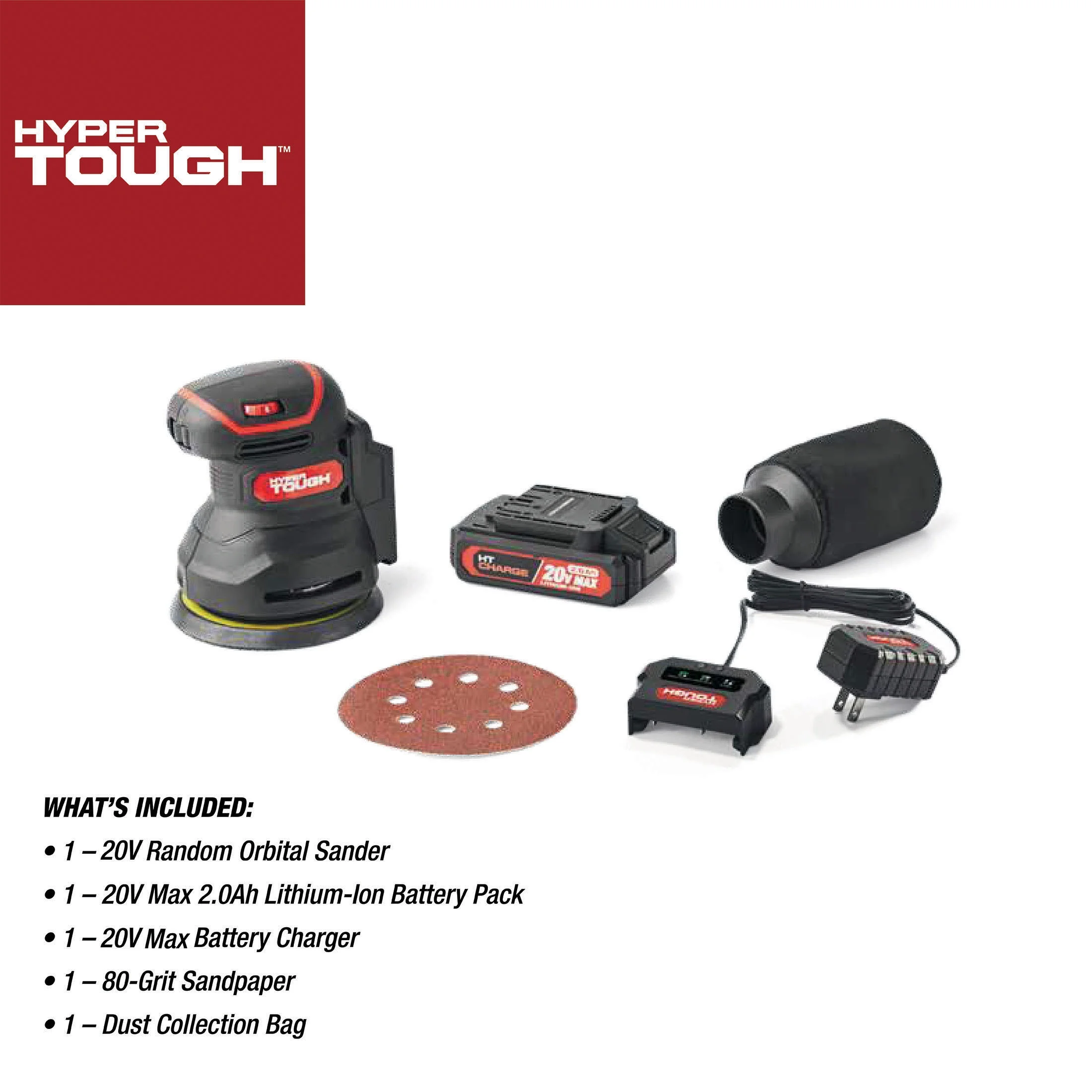 Hyper Tough 20V 2.0Ah Battery Powered 5-inch Cordless Random Orbital Sander, 6604.3 - Inhomebuy