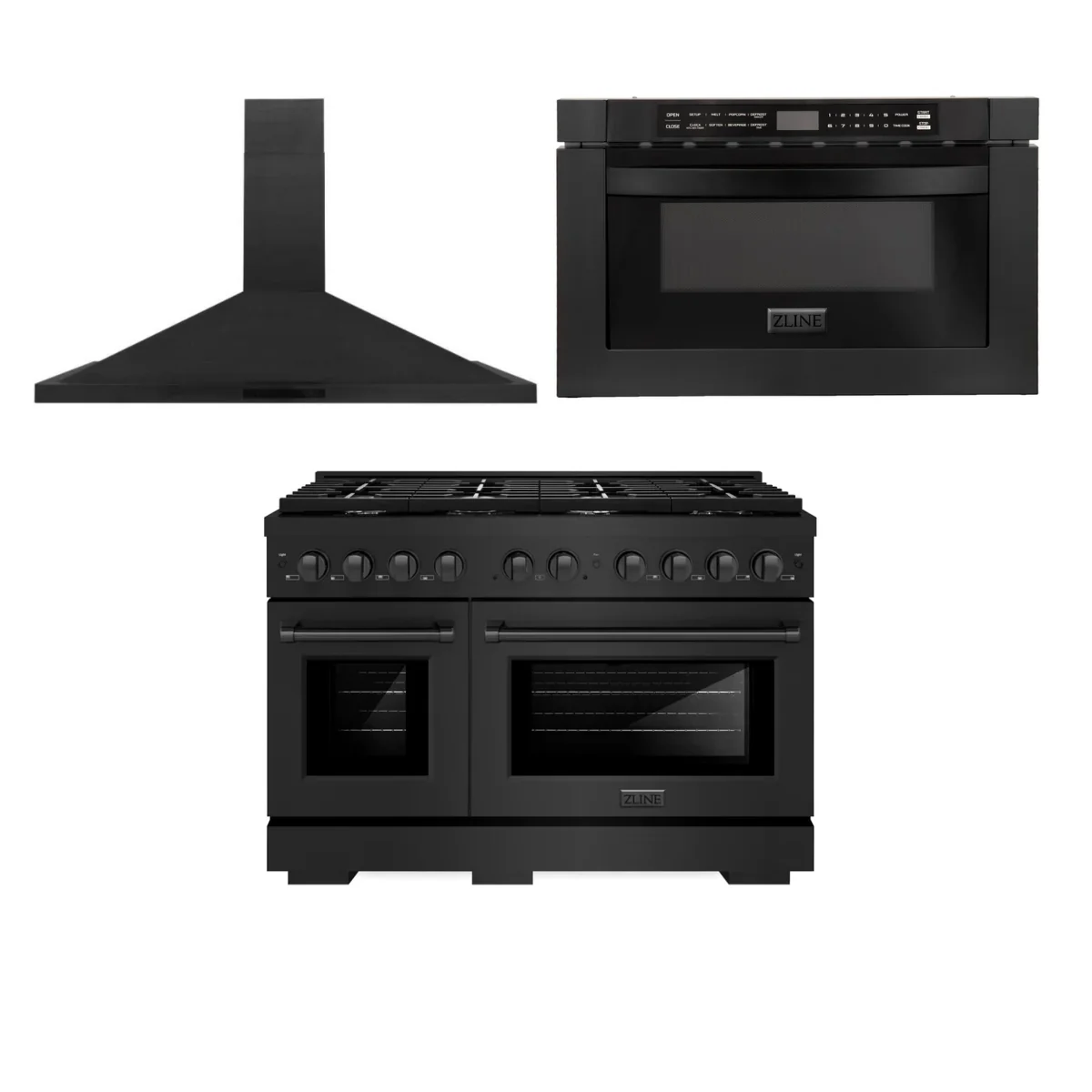 ZLINE Appliance Package - 48 in. Gas Range, Range Hood, Microwave Drawer in Black, 3KP-SGRBRH48-MW - Inhomebuy