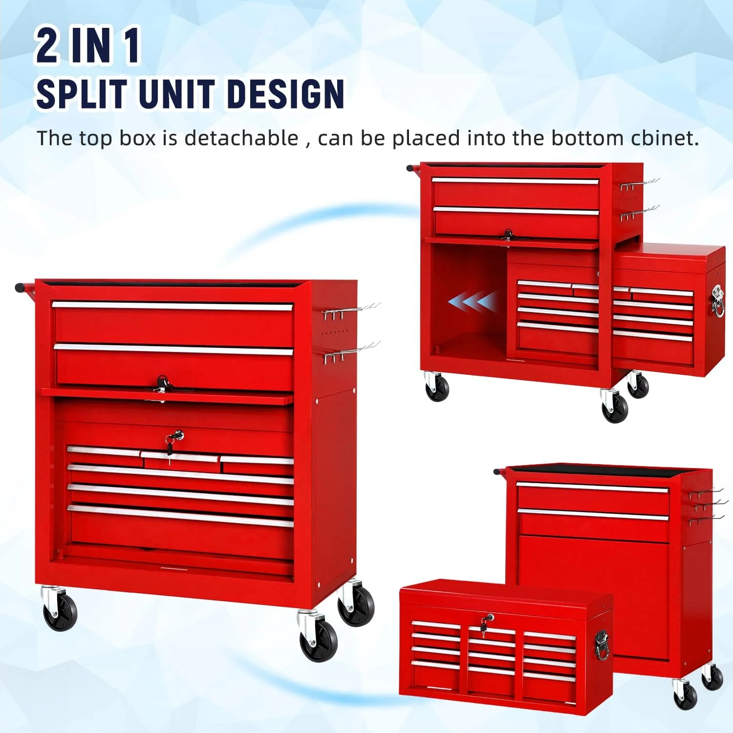 8-Drawer Rolling Tool Chest Metal Tool Box Lockable Storage Cabinet with Wheels, Black - Inhomebuy