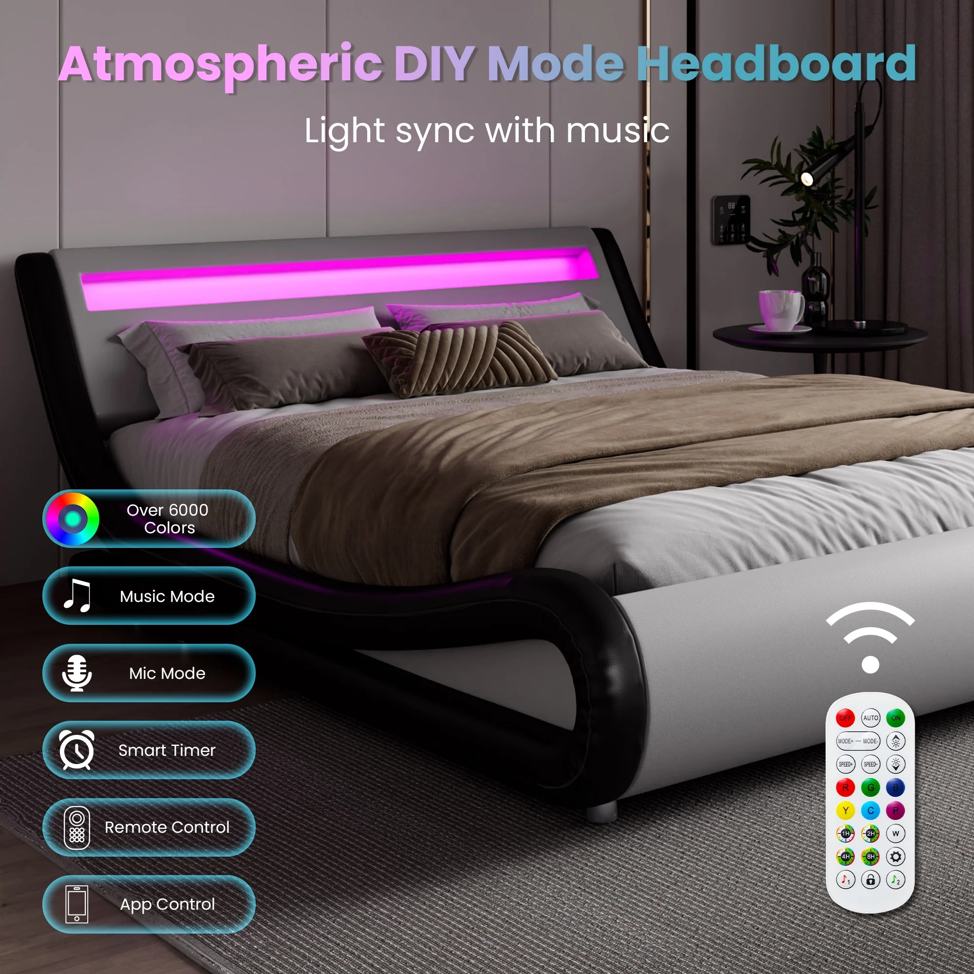 Amolife Queen Size Wave-Like Curve Deluxe Upholstered Modern Bed Frame with LED Headboard, Black - Inhomebuy