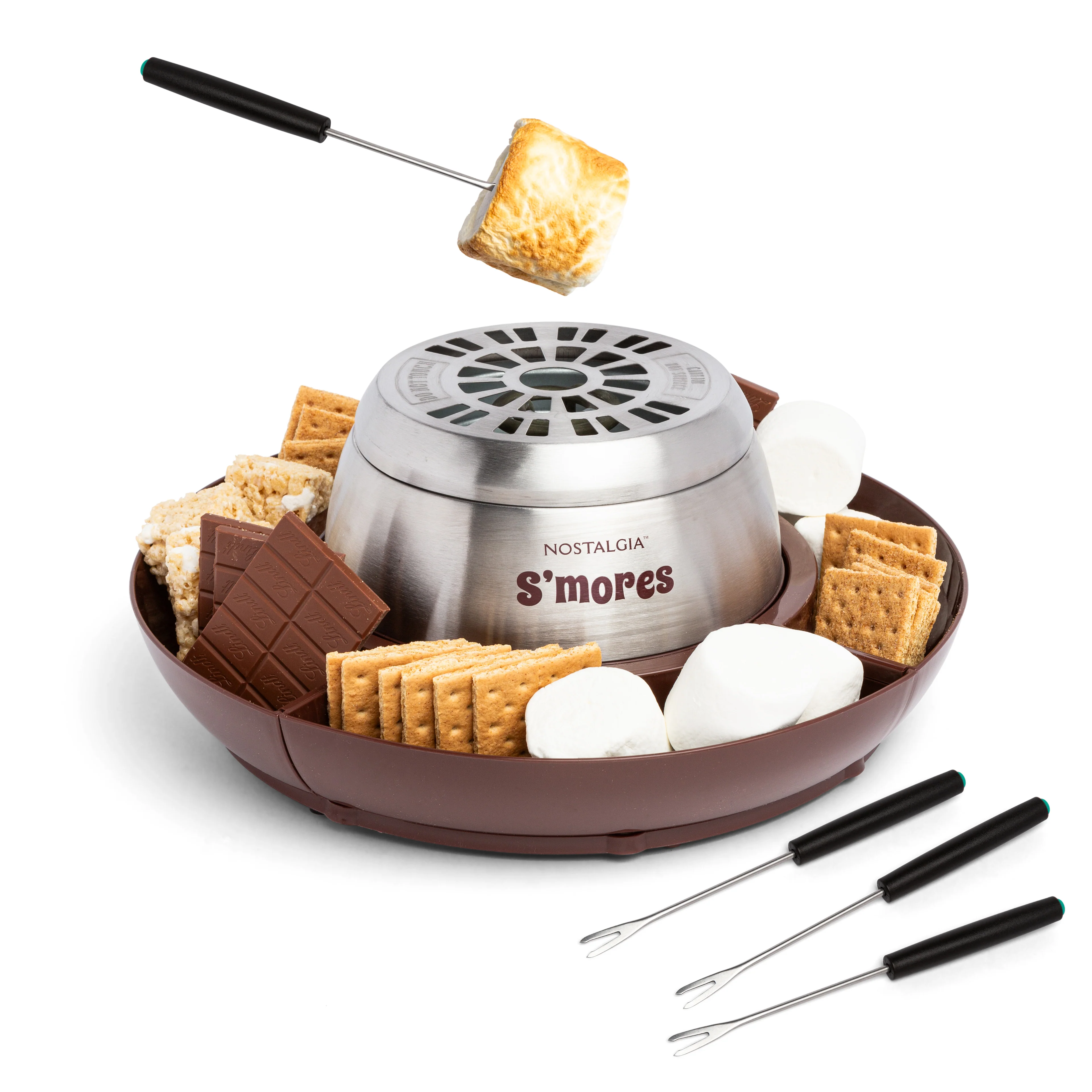 Indoor Electric Stainless Steel S'mores Maker with 4 Lazy Susan Compartment Trays for Graham Crackers, Chocolate, Marshmallows and 4 Roasting Forks - Inhomebuy