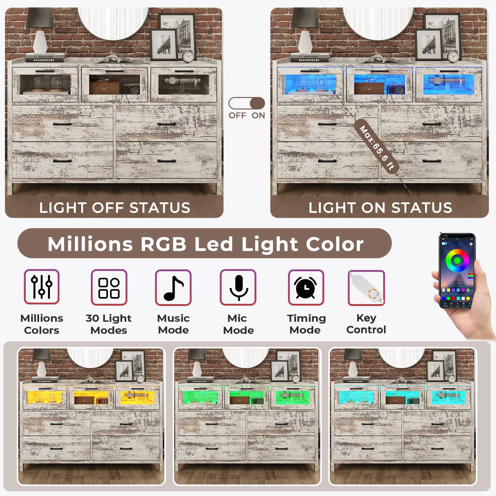 7 Drawer Dresser, Chest of Drawers with LED Lights, Wide Storage Organizer, Black Finish - Inhomebuy