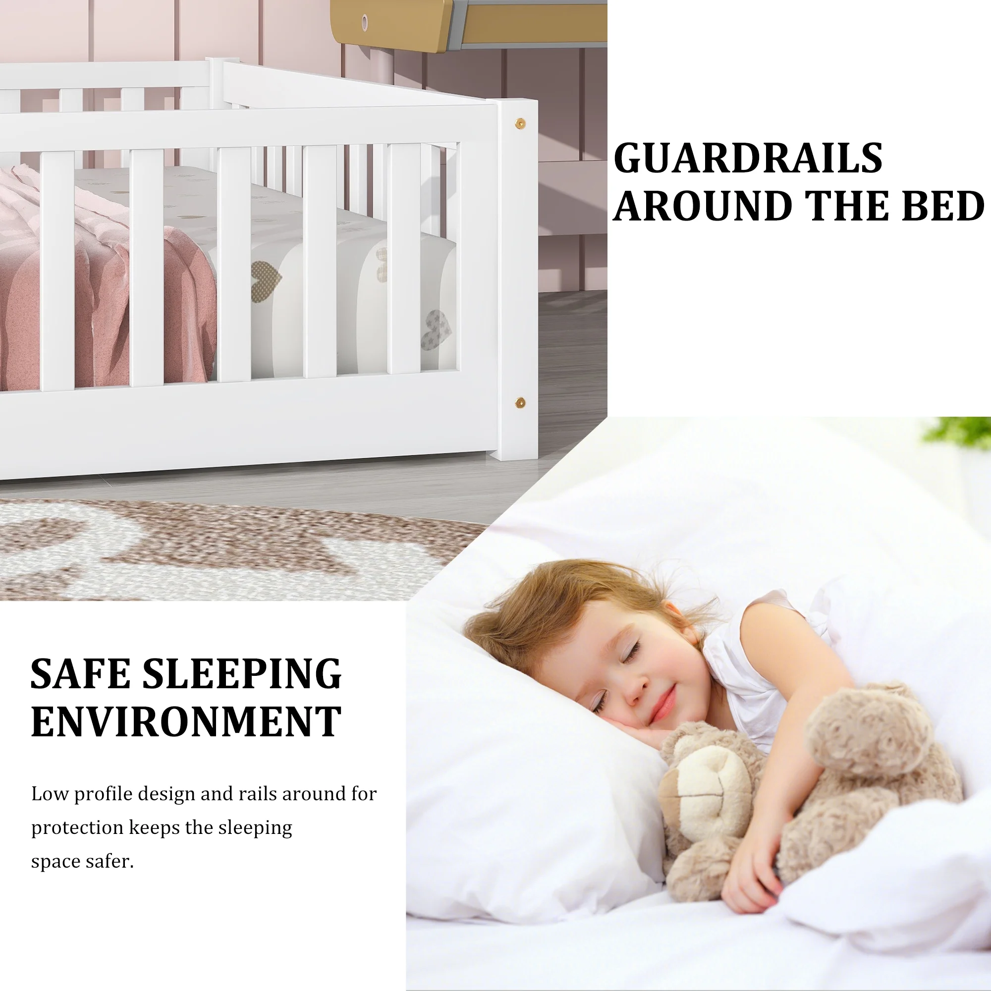 uhomepro Kids Toddler Bed with Fence and Door, Full Size Platform Bed Floor Bed, Wood Bed Frame No Box Spring Needed, Gray - Inhomebuy