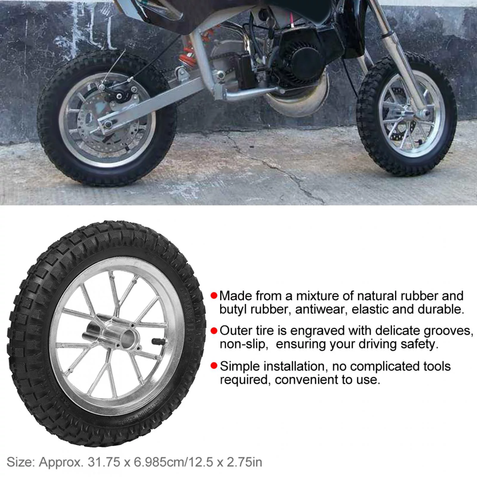 Fugacal Motorcycle Tire,12.5 X 2.75in Motorcycle Front Rear Tire Wheel With Rim Fits For Coolster 49cc 2 Stroke Mini Dirt Bike - Inhomebuy