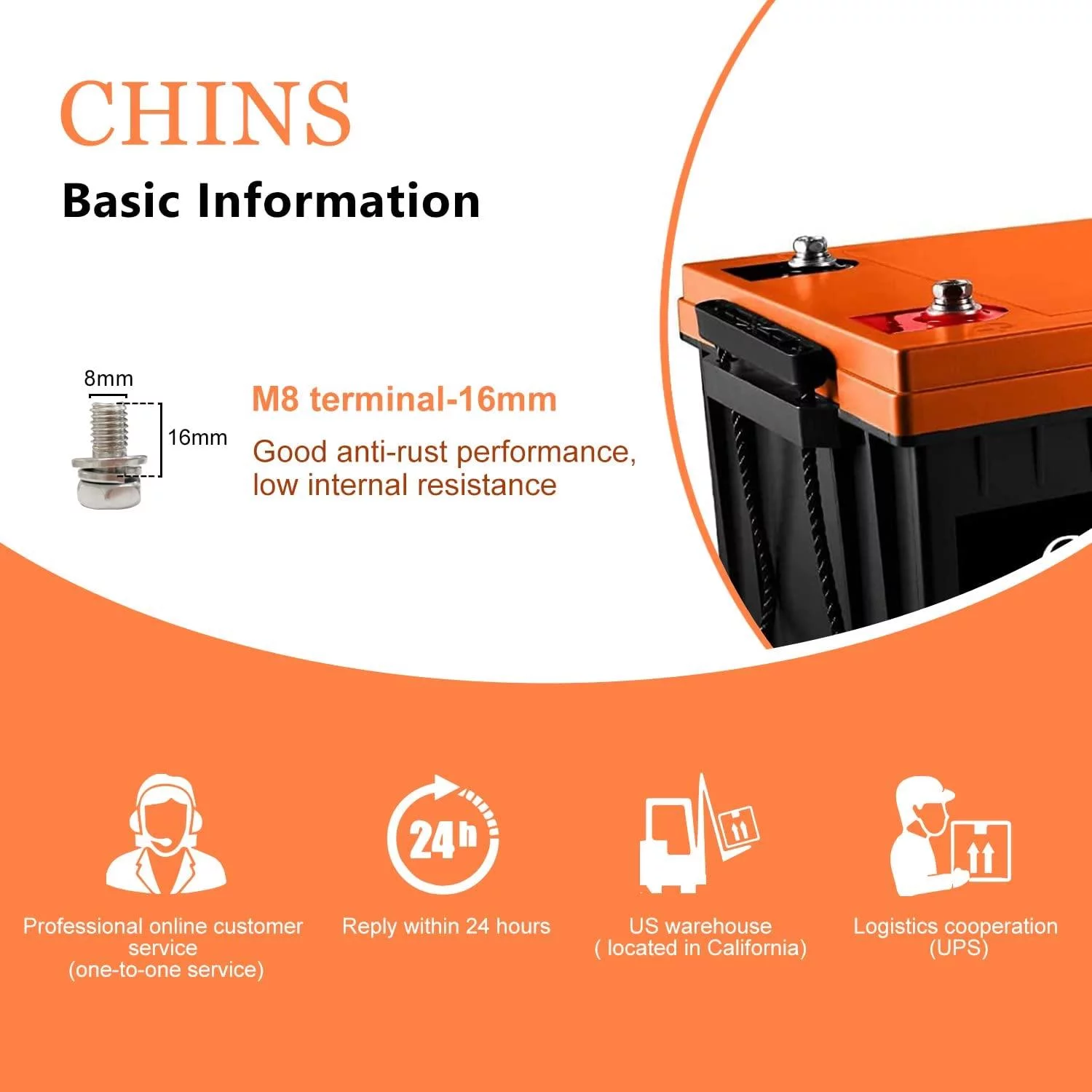 CHINS Smart LiFePO4 Lithium Iron Battery 12.8V 100Ah for Boat Fishing - Inhomebuy