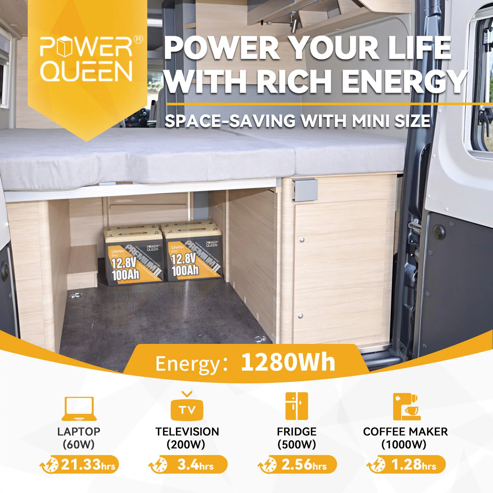 Power Queen 12V 100Ah Mini LiFePO4 Lithium Battery Deep Cycle 1280Wh BMS for Camper Boat Marine - Inhomebuy