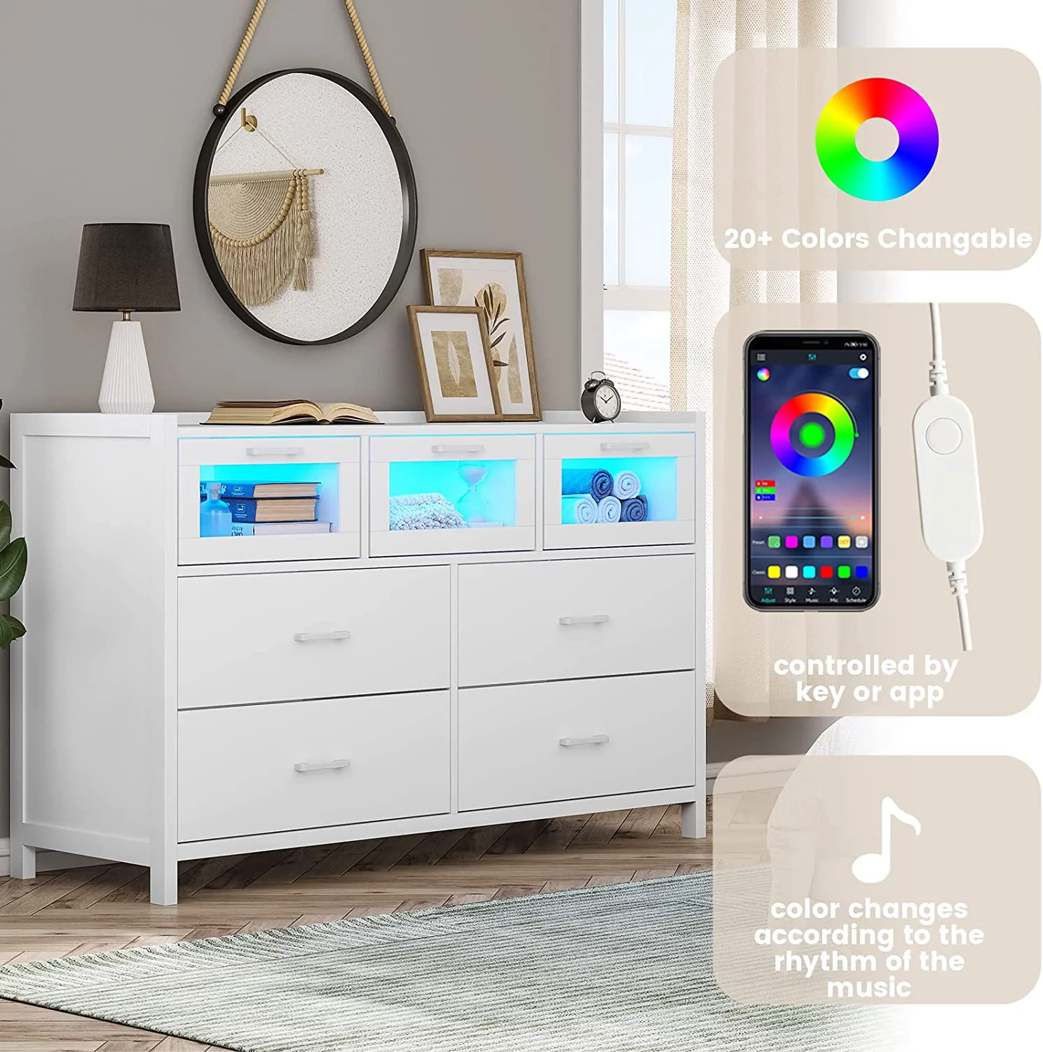 7 Drawer Dresser, Chest of Drawers with LED Lights, Wide Storage Organizer, Black Finish - Inhomebuy