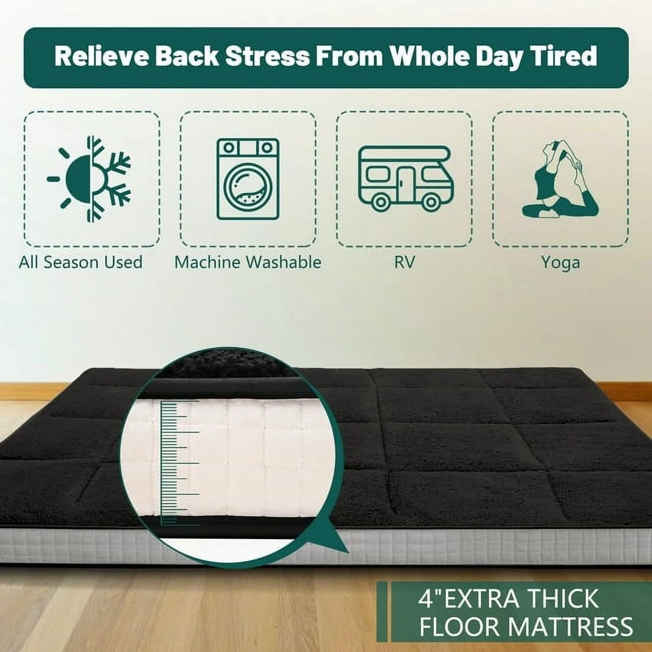 ABORON Japanese Floor Mattress, Upgraded Reversible Winter Futon Mattress Foam Mattress, 4