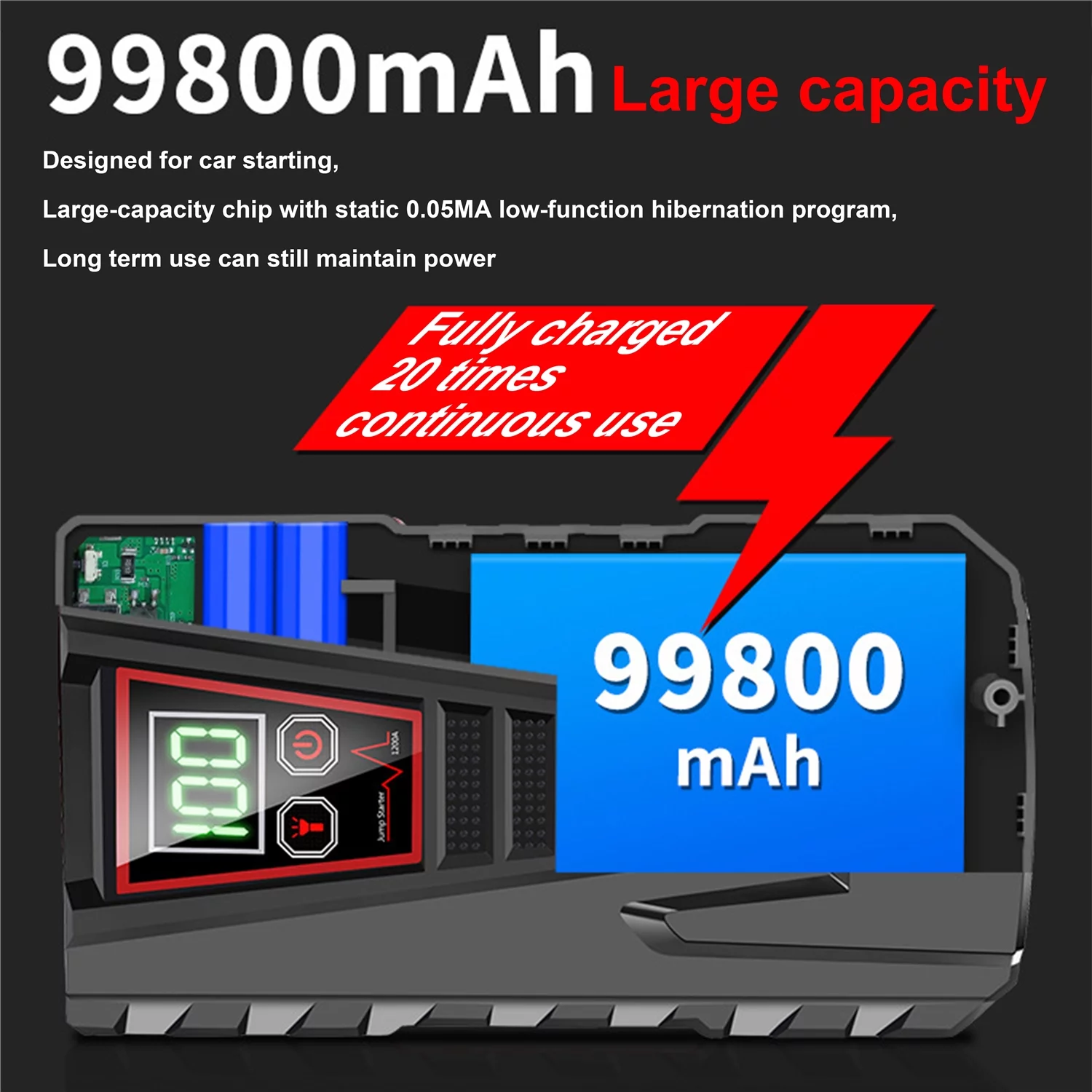 PRAXO Multi-functional Car Jump Starter, 5000A Peak 99800mAh Battery Jump Starter, 12V Car Battery Charger, Auto Battery Booster w/ LCD Display & 3 LED Modes, Portable Power Bank Charger - Inhomebuy