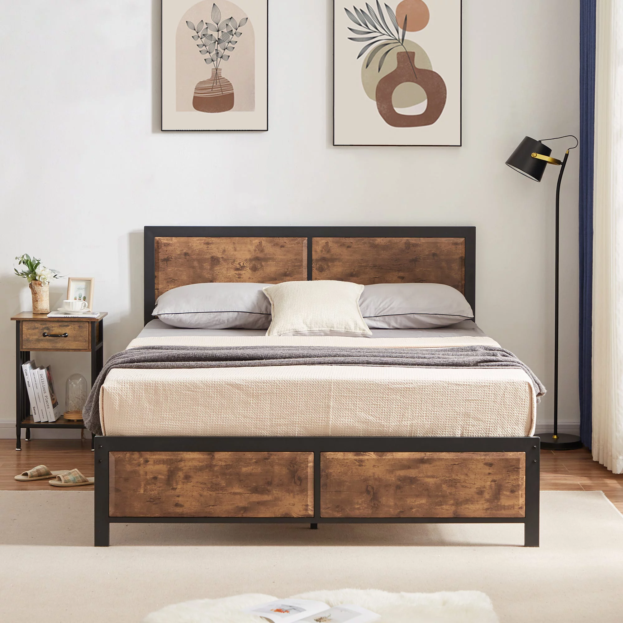 VECELO 3-Piece Bedroom Set with Queen Size Bed Frame and 1-Drawer Brown Nightstands - Inhomebuy