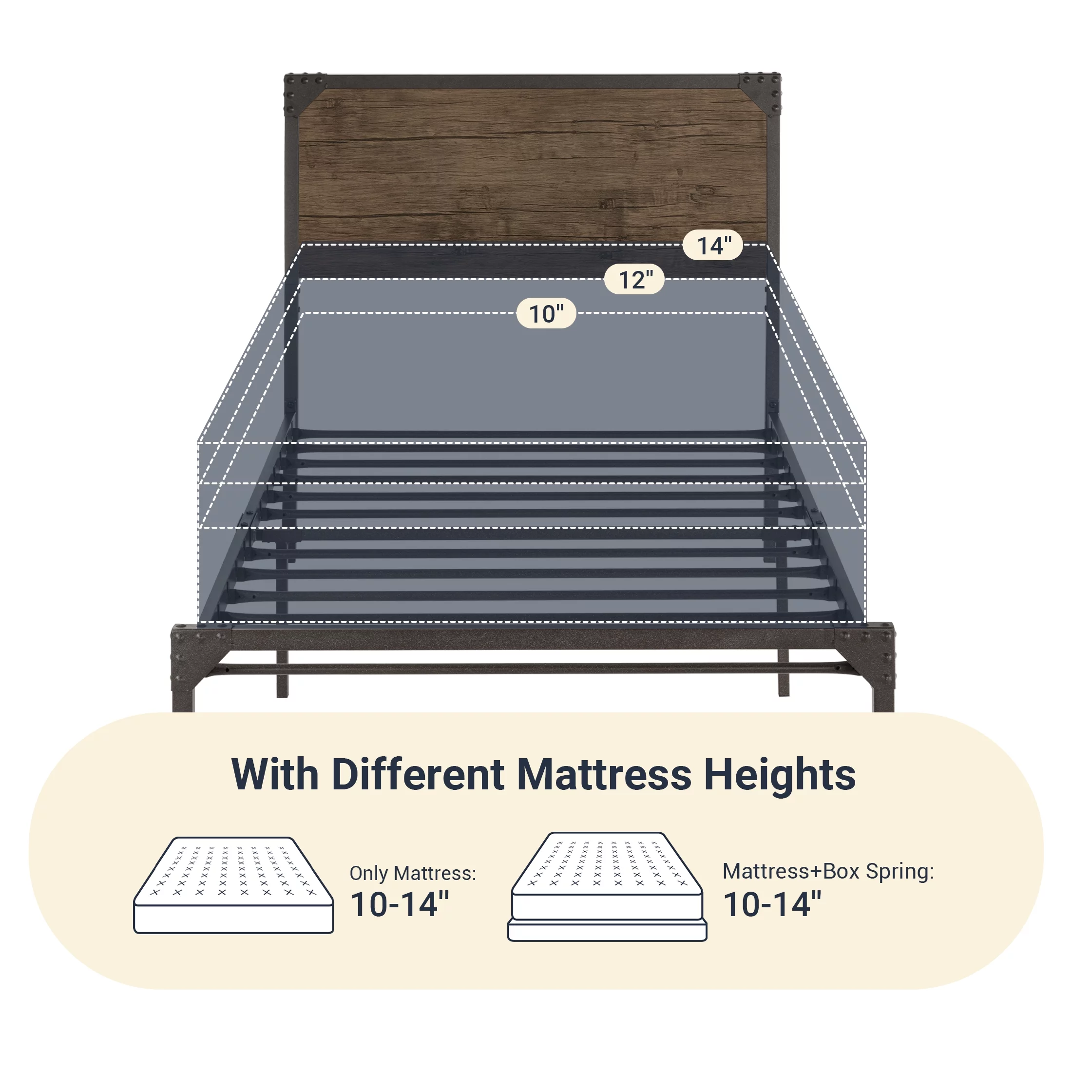 Allewie Queen Size Industrial Metal Platform Bed Frame with Wooden Rivet Headboard,  No Box Spring Needed, Brown - Inhomebuy