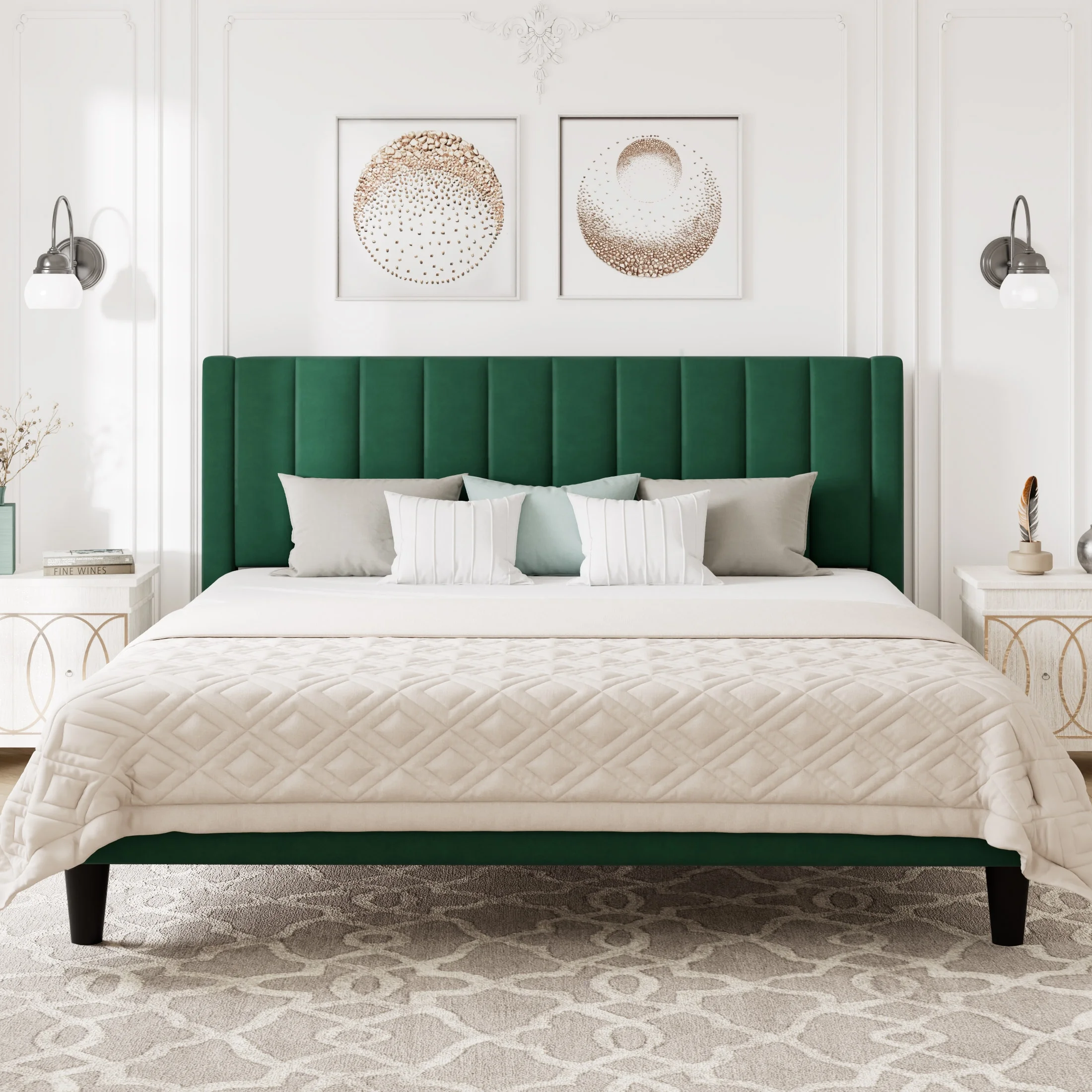 Allewie Queen Velvet Upholstered Bed Frame with Vertical Channel Tufted Headboard, Light Pink - Inhomebuy