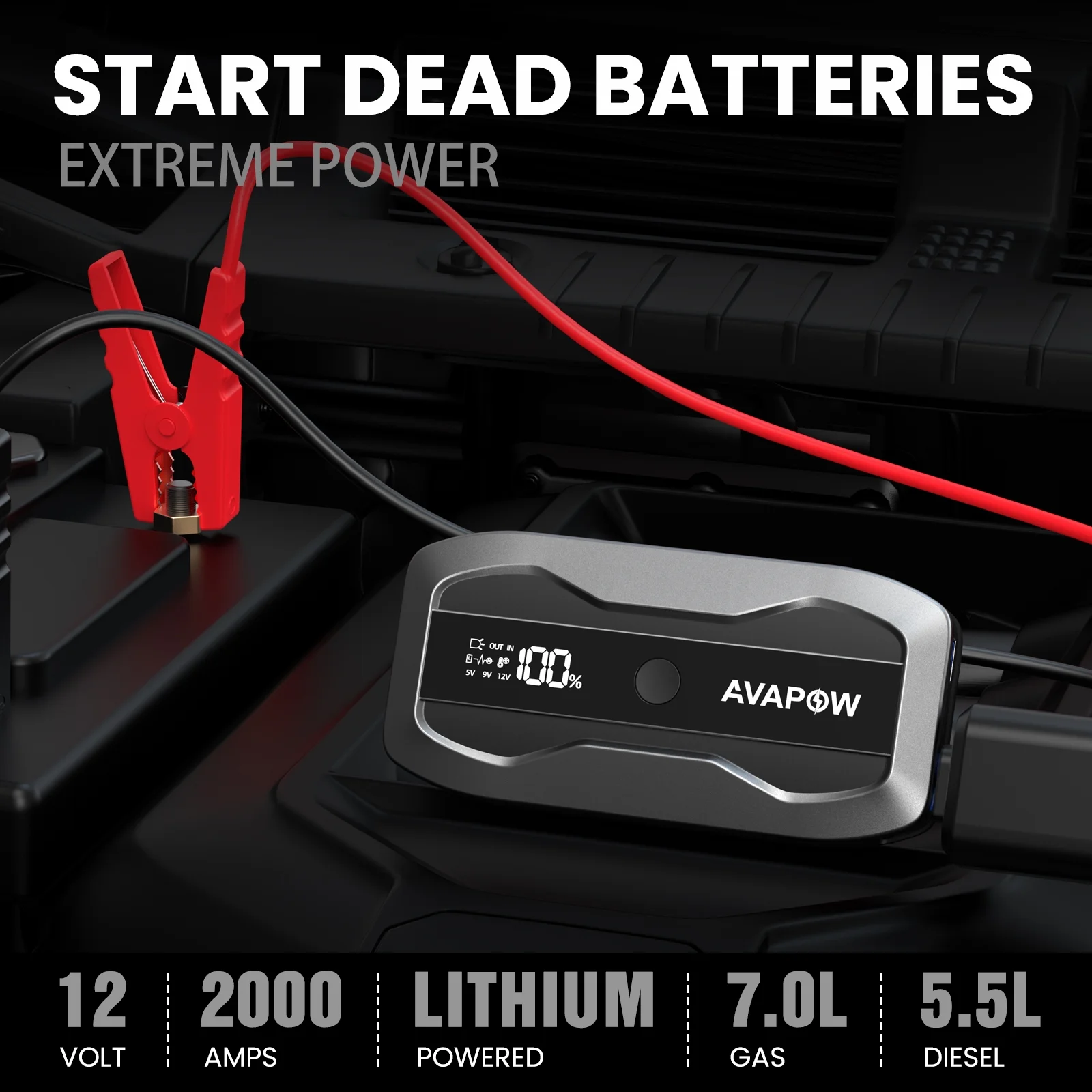 AVAPOW 2000A Car Jump Starter Powerful Car Jump Starter with USB Quick Charge and DC Output, 12V Peak Portable with Built-in LED Bright Light - Inhomebuy