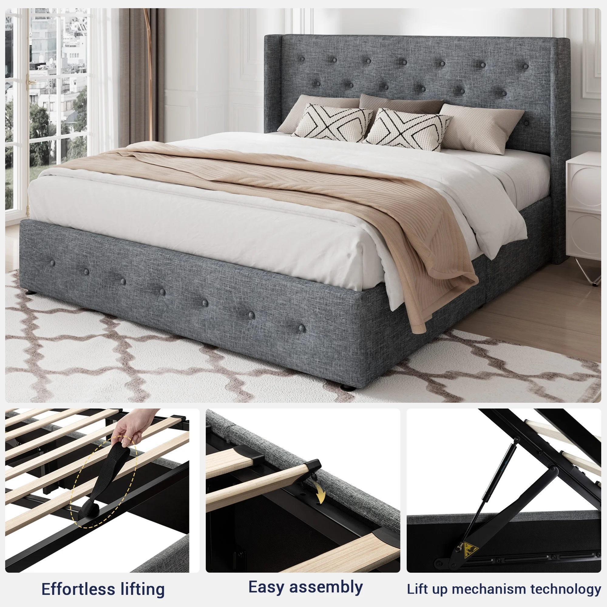 Allewie Queen Size Lift Up Platform Storage Bed Frame with Pannel Wingback Headboard, Light Beige - Inhomebuy