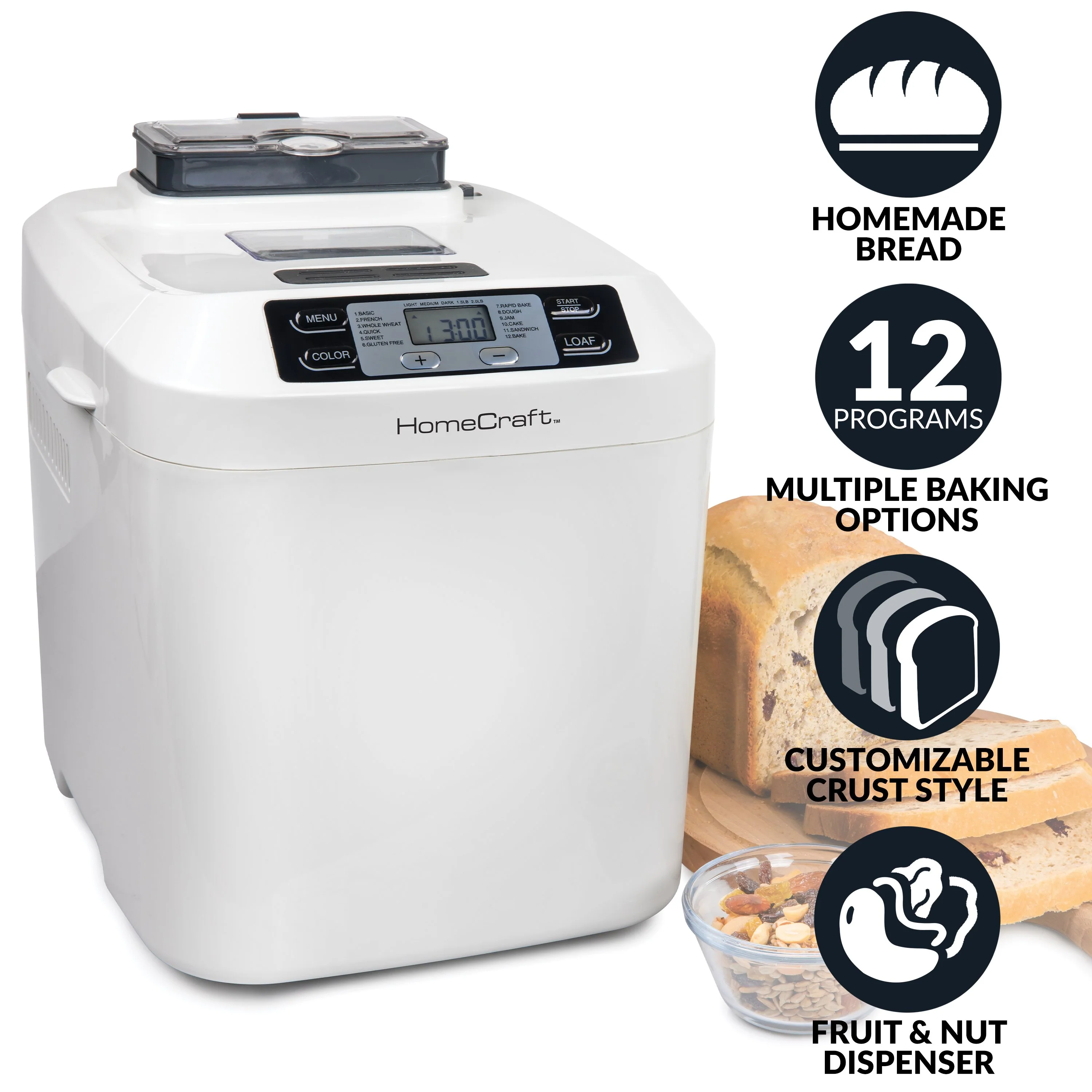 HomeCraft�?Programmable 2 Lb. Breadmaker With Auto Fruit & Nut Dispenser - Inhomebuy
