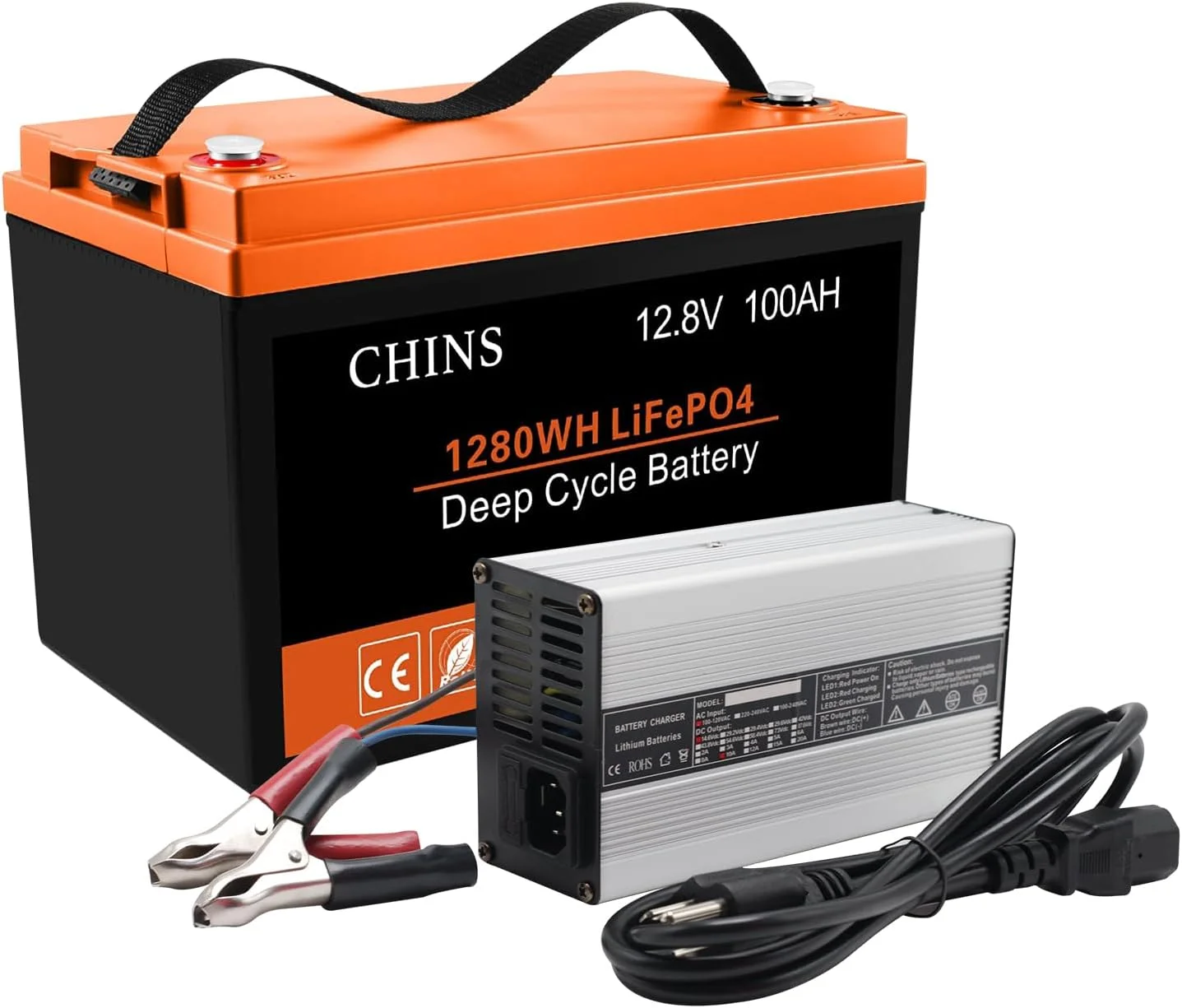 CHINS LiFePO4 Battery 12V 100AH Lithium Battery Includes 12V 10A Charger - Inhomebuy