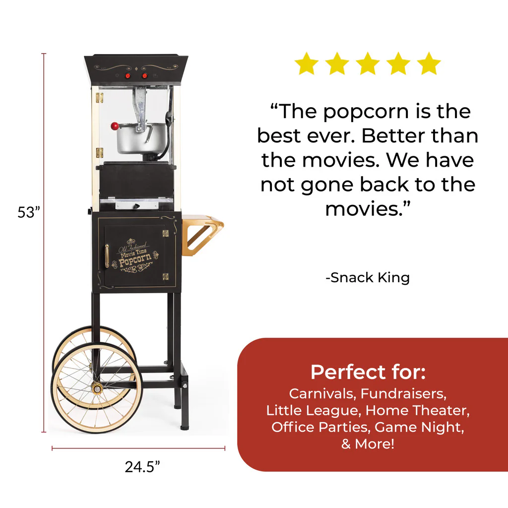 Vintage Professional Popcorn Cart - NEW 8-Ounce Kettle - 53 Inches Tall - Black - Inhomebuy