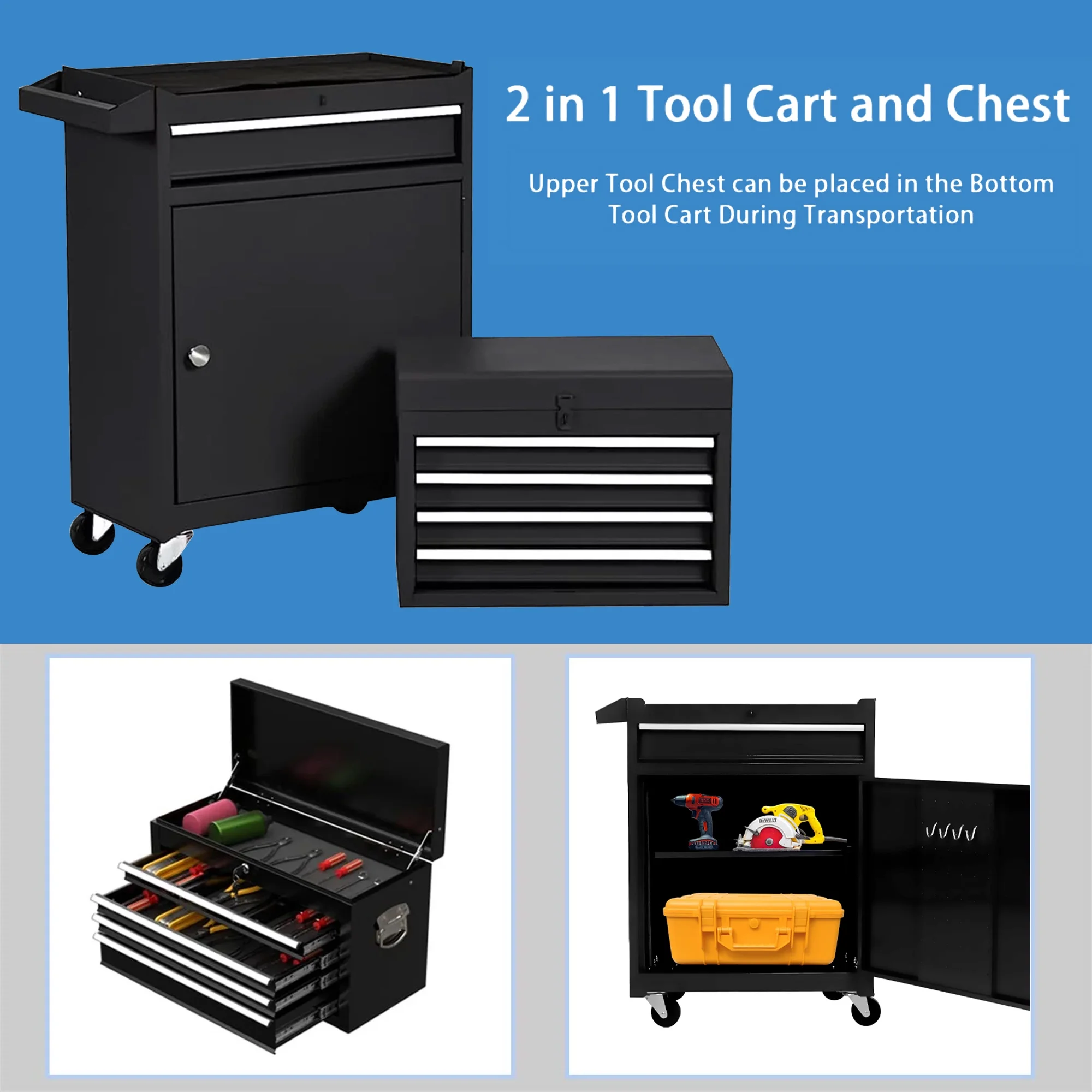 Aukfa Tool Chest, 2 in 1 Steel Rolling Tool Box & Cabinet On Wheels for Garage, 8-Drawer, Blue - Inhomebuy