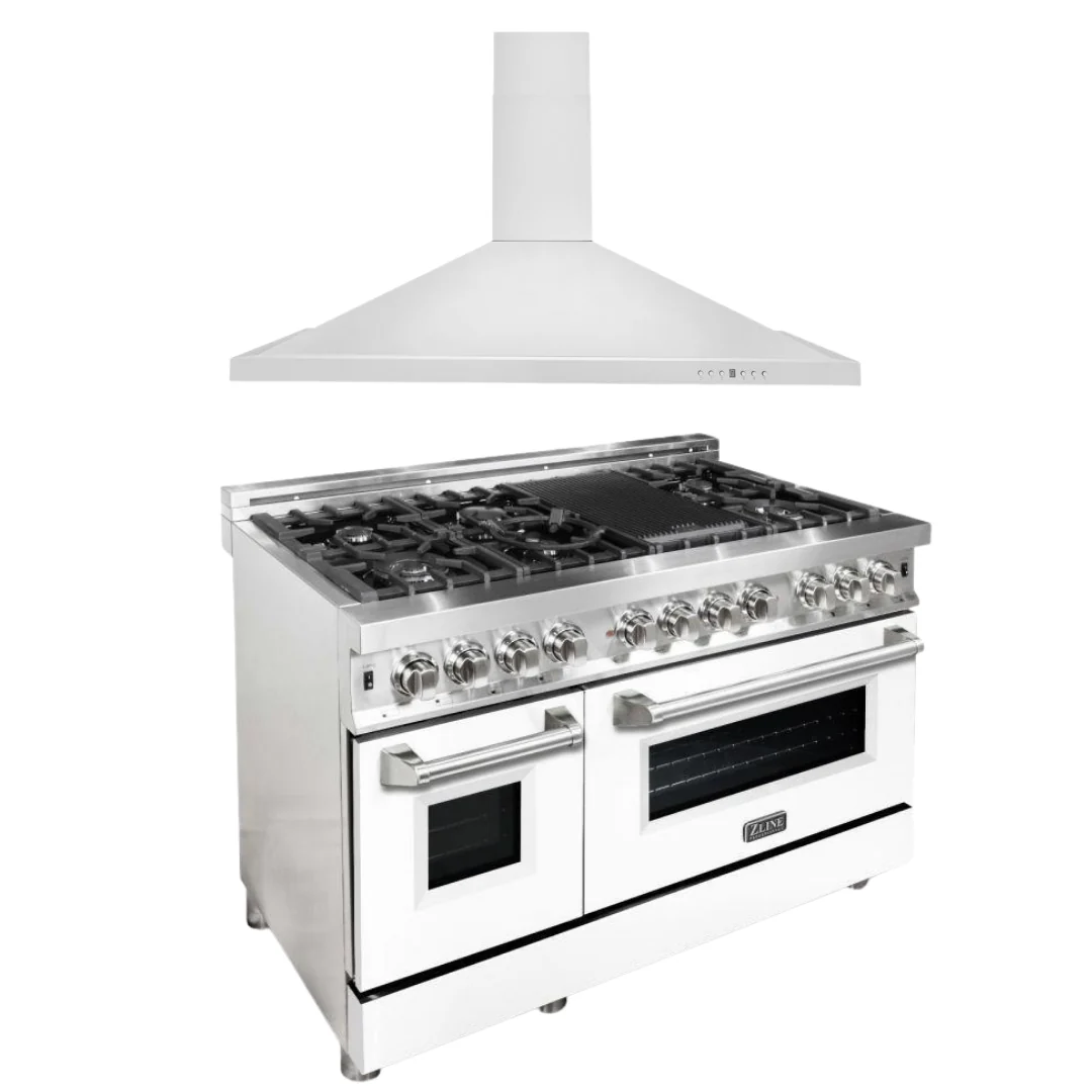 ZLINE 48 in. Dual Fuel Range with White Matte Door & 48 in. Range Hood Appliance Package, 2KP-RAWMRH48 - Inhomebuy