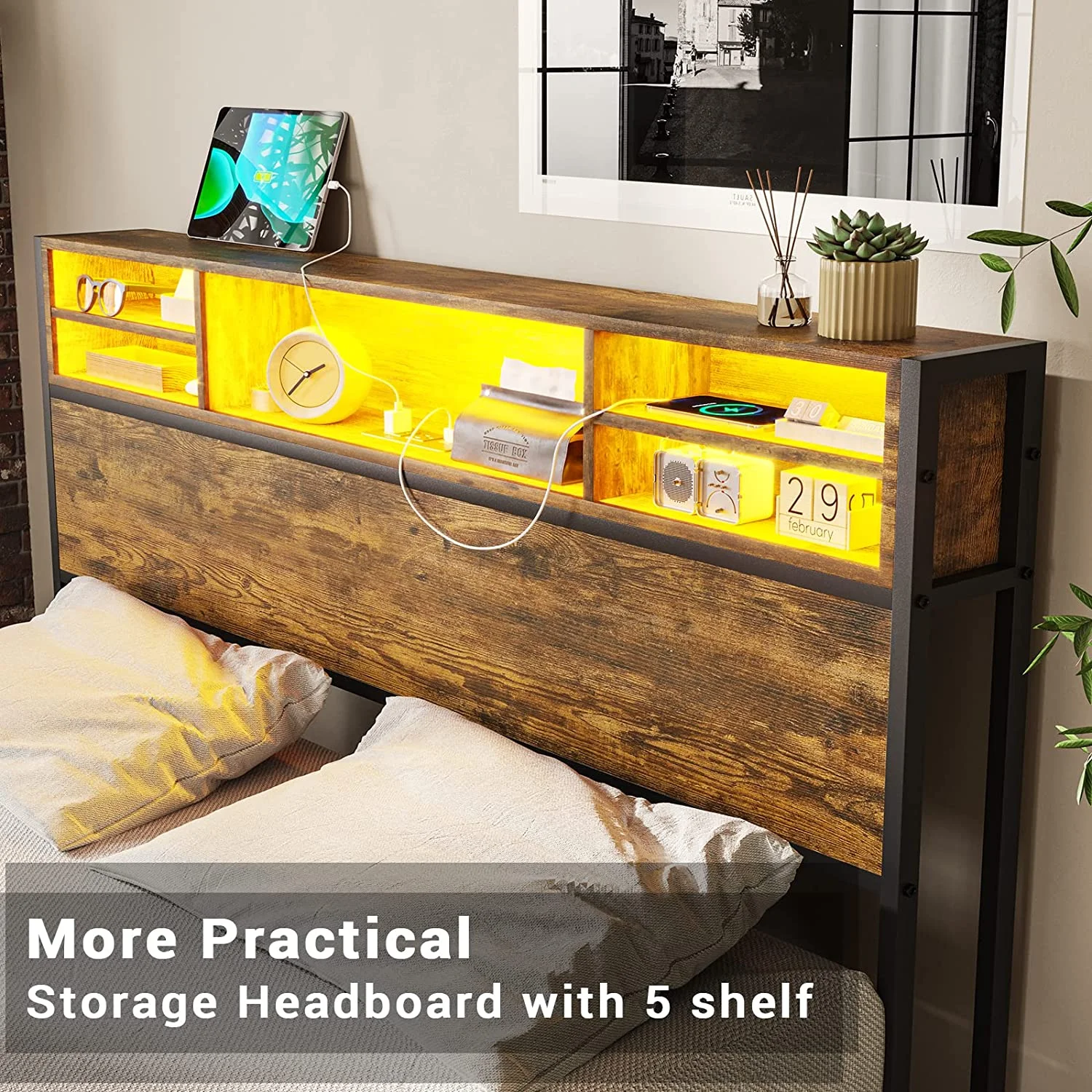 Afuhokles LED Full Bed Frame with Outlets and Headboard, Platform Bed with Storage Drawers, Brown - Inhomebuy