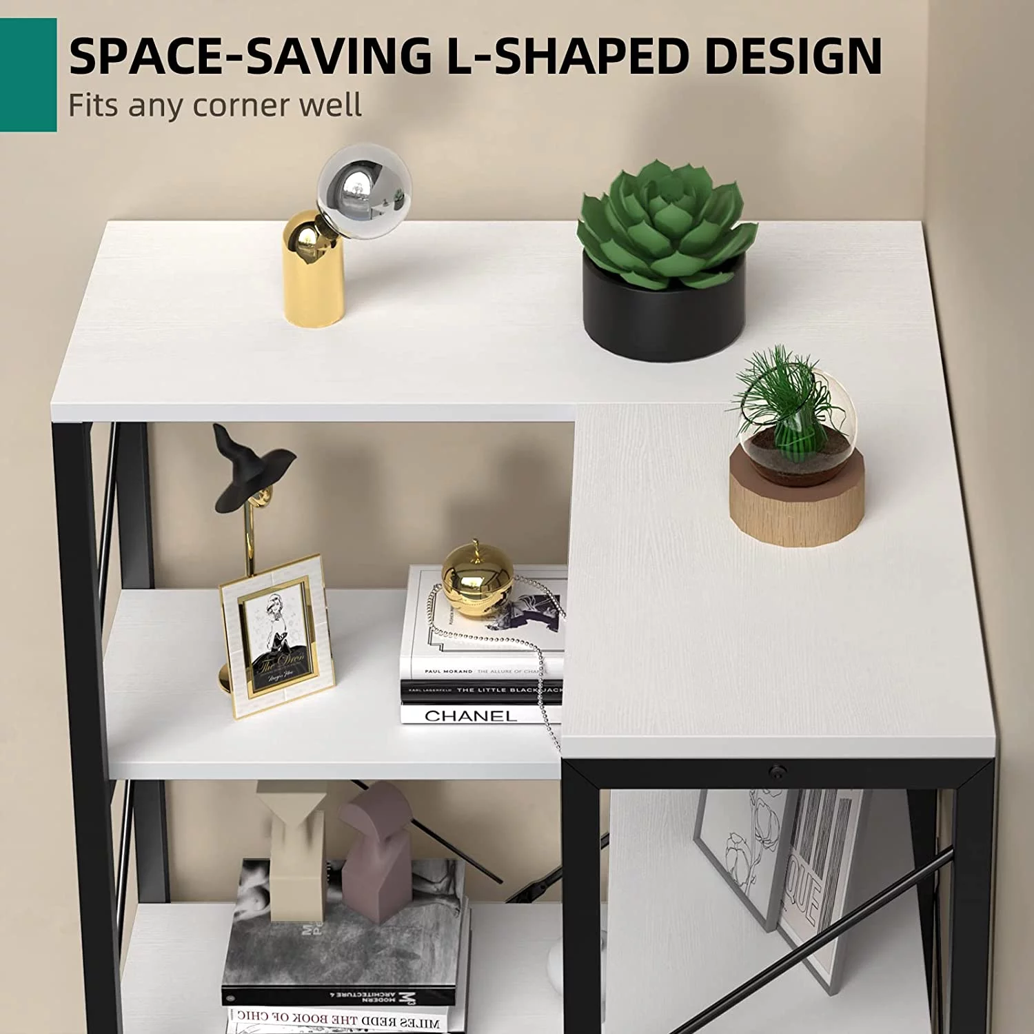 5-Tier L-Shaped Bookcase Storage Organizer, Tall Corner Bookshelf Open Display Freestanding Storage,Dark Gray - Inhomebuy