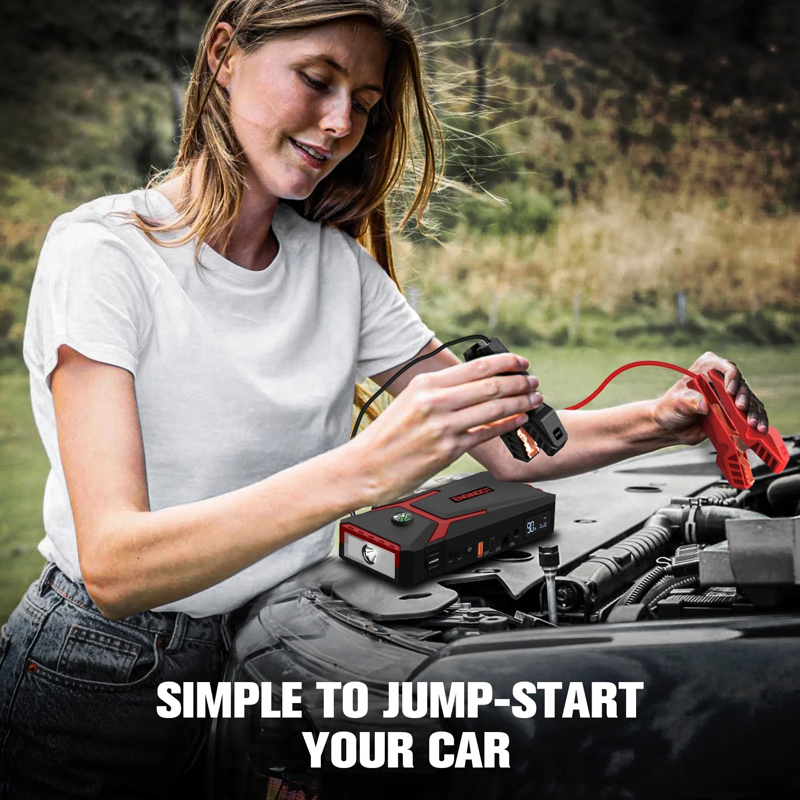 ENGINDOT Jump Starter for up to 7.0L Gas or 5.5L Diesel Engine, 800A Peak 18000mAh 12V Auto Battery Booster with LCD Screen, with USB Quick Charge, Red - Inhomebuy