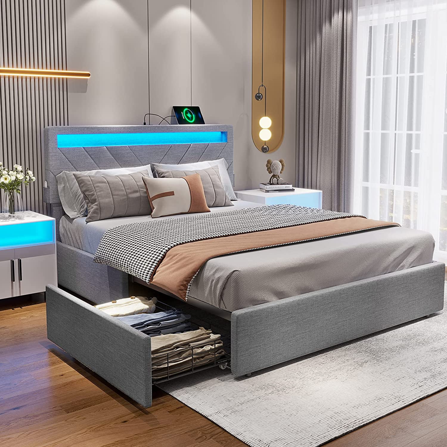 Afuhokles Queen Bed Frame with LED Lights Headboard, 4 Drawers,2 USB Charging Station, Upholstered Platform Bed, Dark Gray - Inhomebuy