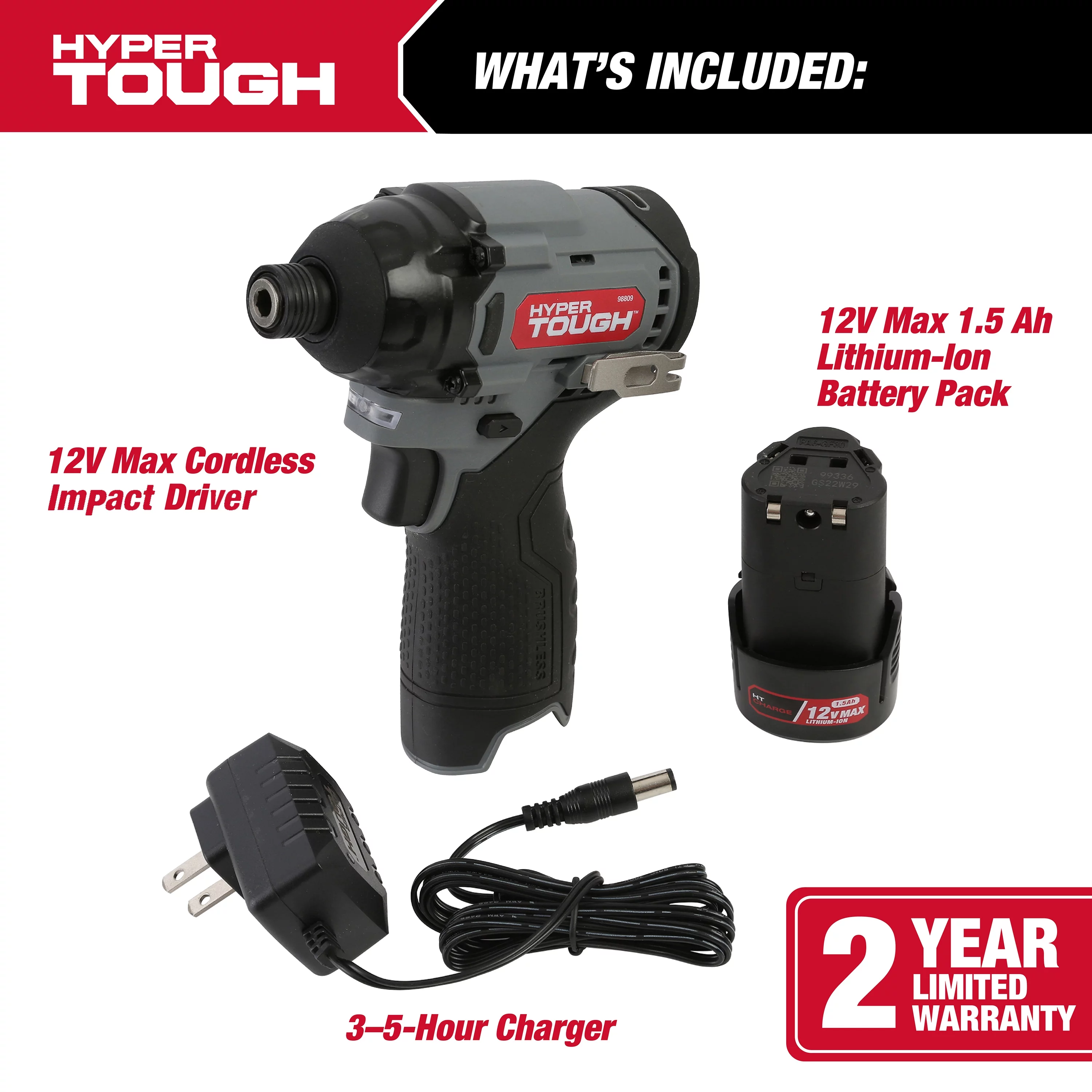 Hyper Tough 12V Max* Lithium-Ion Cordless Brushless Impact Driver with 1.5Ah Battery and Charger, Model 98809 - Inhomebuy