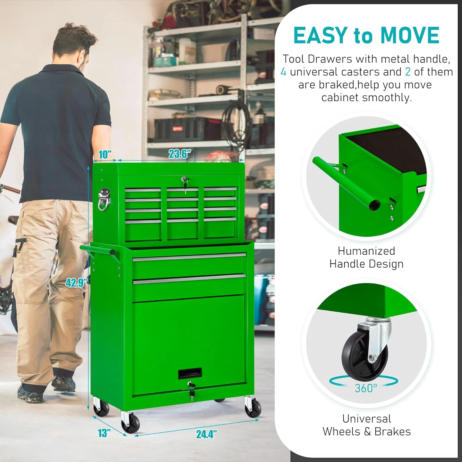 2-IN-1  Tool Chest & Cabinet, Large Capacity 8-Drawer Rolling Tool Box Organizer with Wheels Lockable Craft, Black - Inhomebuy