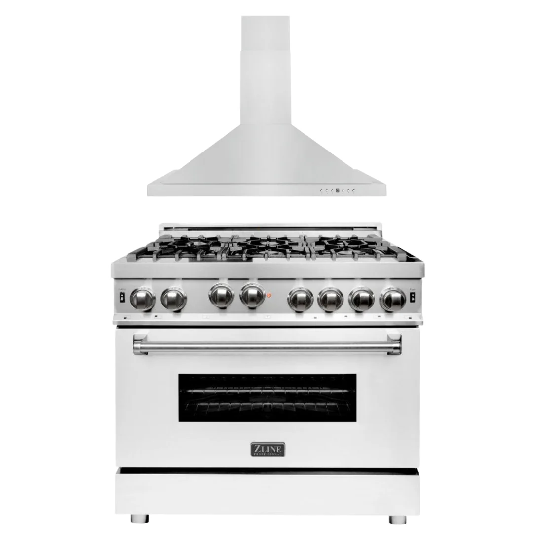 ZLINE 36 in. Gas Range with White Matte Door & 36 in. Range Hood Appliance Package, 2KP-RGWMRH36 - Inhomebuy