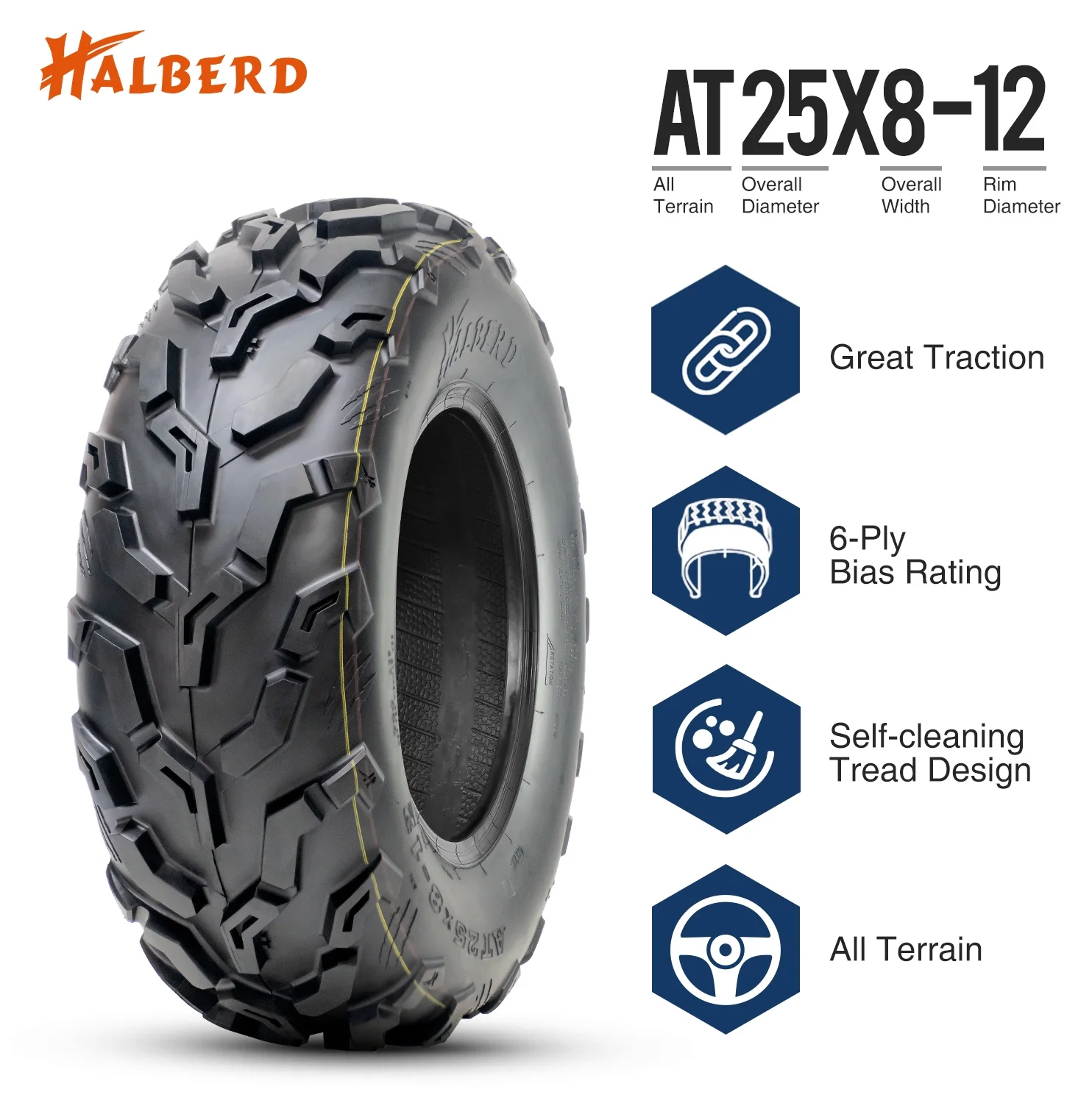 HALBERD 6PLY 25X8-12 SXS  ATV UTV Tires  25x8x12 All Terrain Off-Road Heavy Duty Tires Set of 2 - Inhomebuy