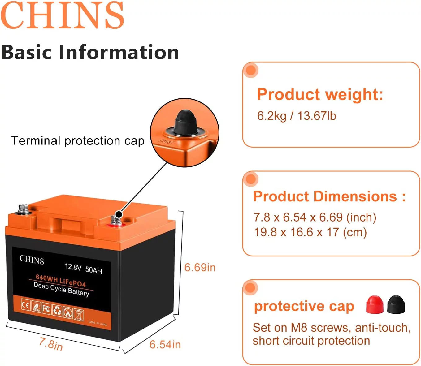 CHINS Lithium Iron 12V 50Ah LiFePO4 Battery, Built-in 50A BMS for Electric Wheelchair - Inhomebuy
