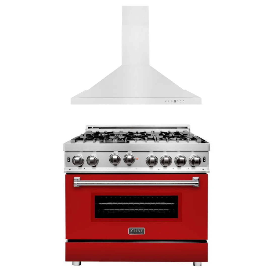 ZLINE 36 in. Gas Range with Red Matte Door & 36 in. Range Hood Appliance Package, 2KP-RGRMRH36 - Inhomebuy