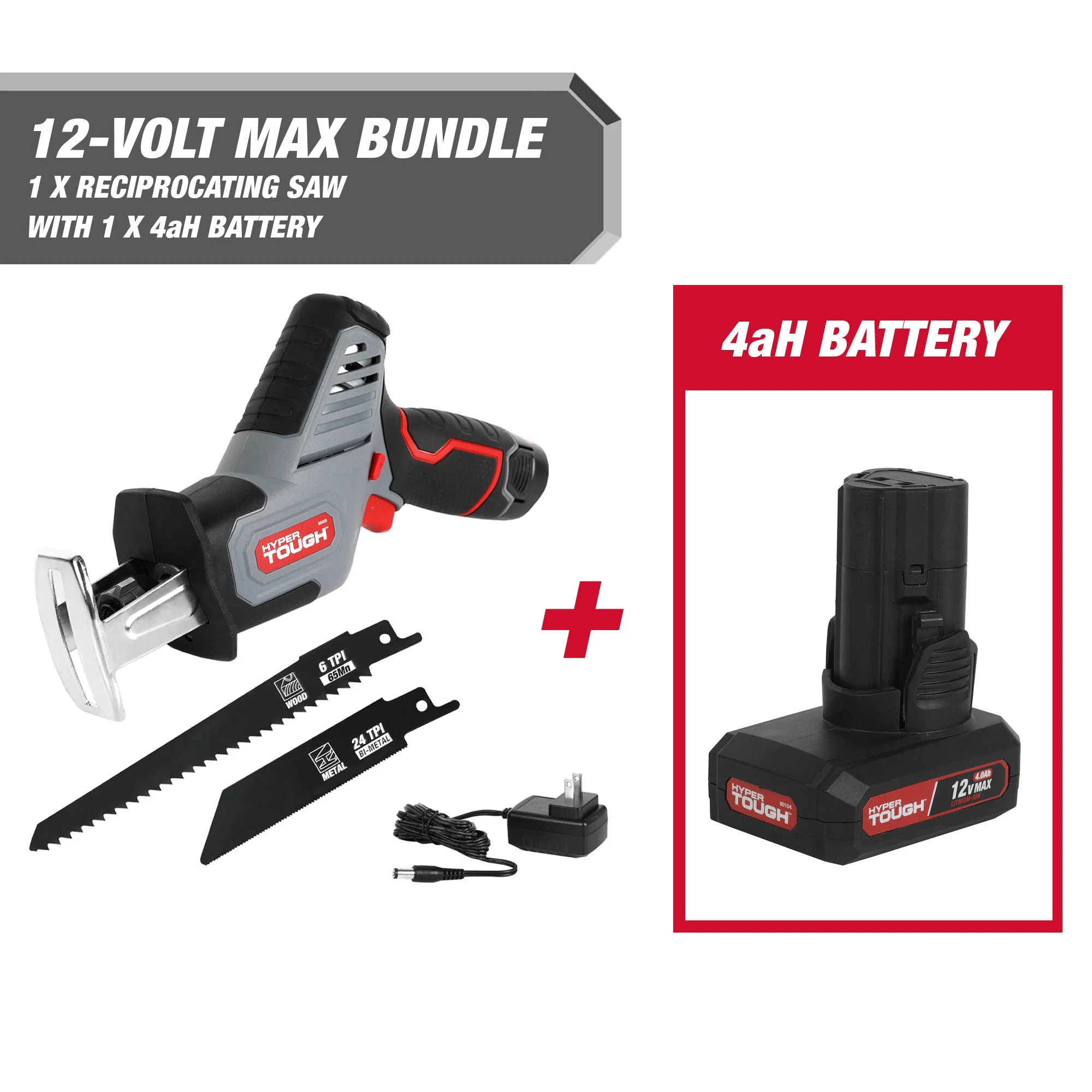 Hyper Tough 12-Volt Cordless Reciprocating Saw Plus 4 Ah Battery - Inhomebuy