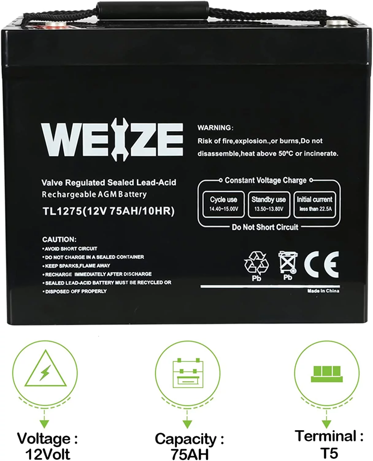 12V 75AH Sealed Lead Acid Rechargeable Deep Cycle SLA AGM Battery - Inhomebuy