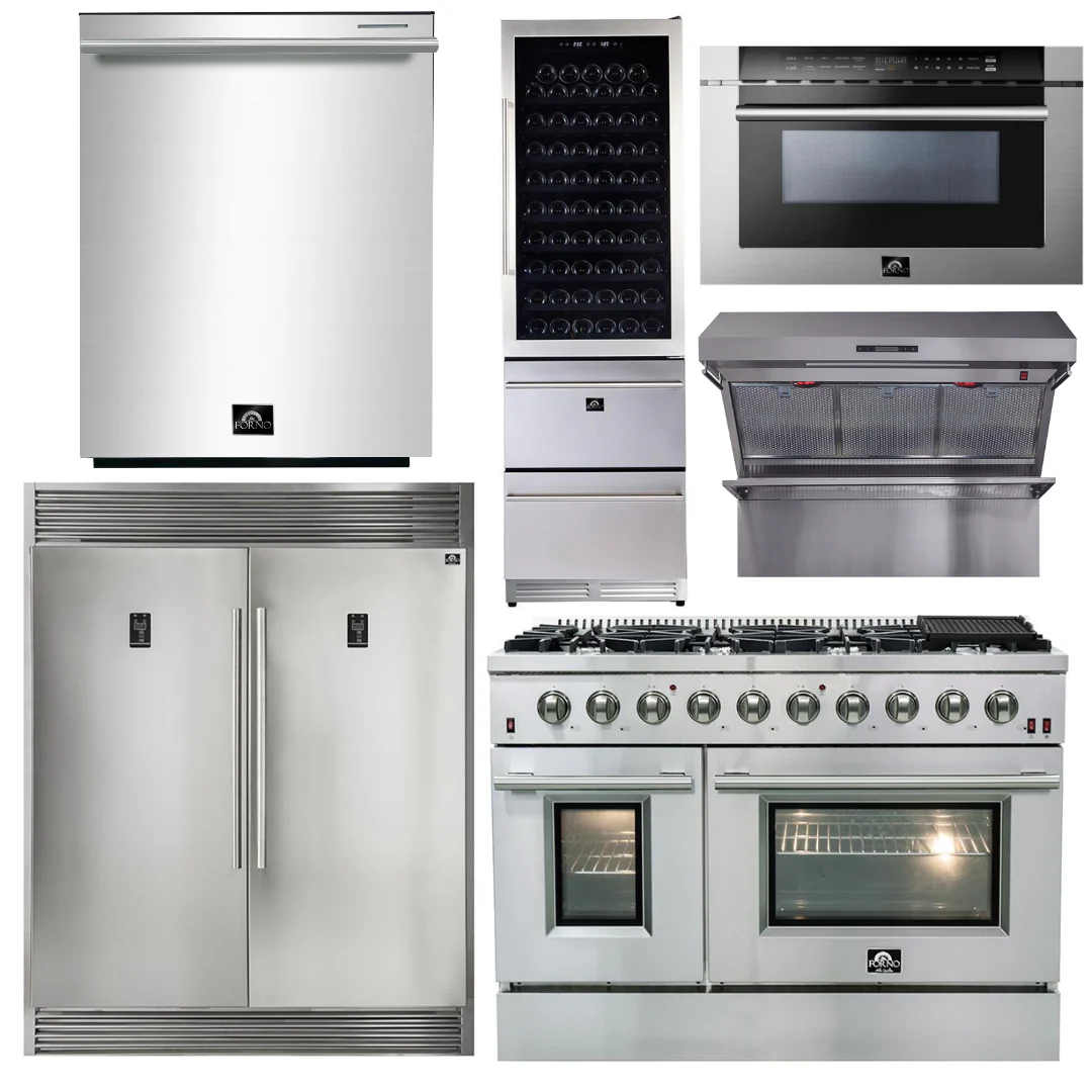 Forno Appliance Package - 48 Inch Gas Range, Range Hood, Refrigerator, Microwave Drawer, Dishwasher, Wine Cooler, AP-FFSGS6244-48-9 - Inhomebuy