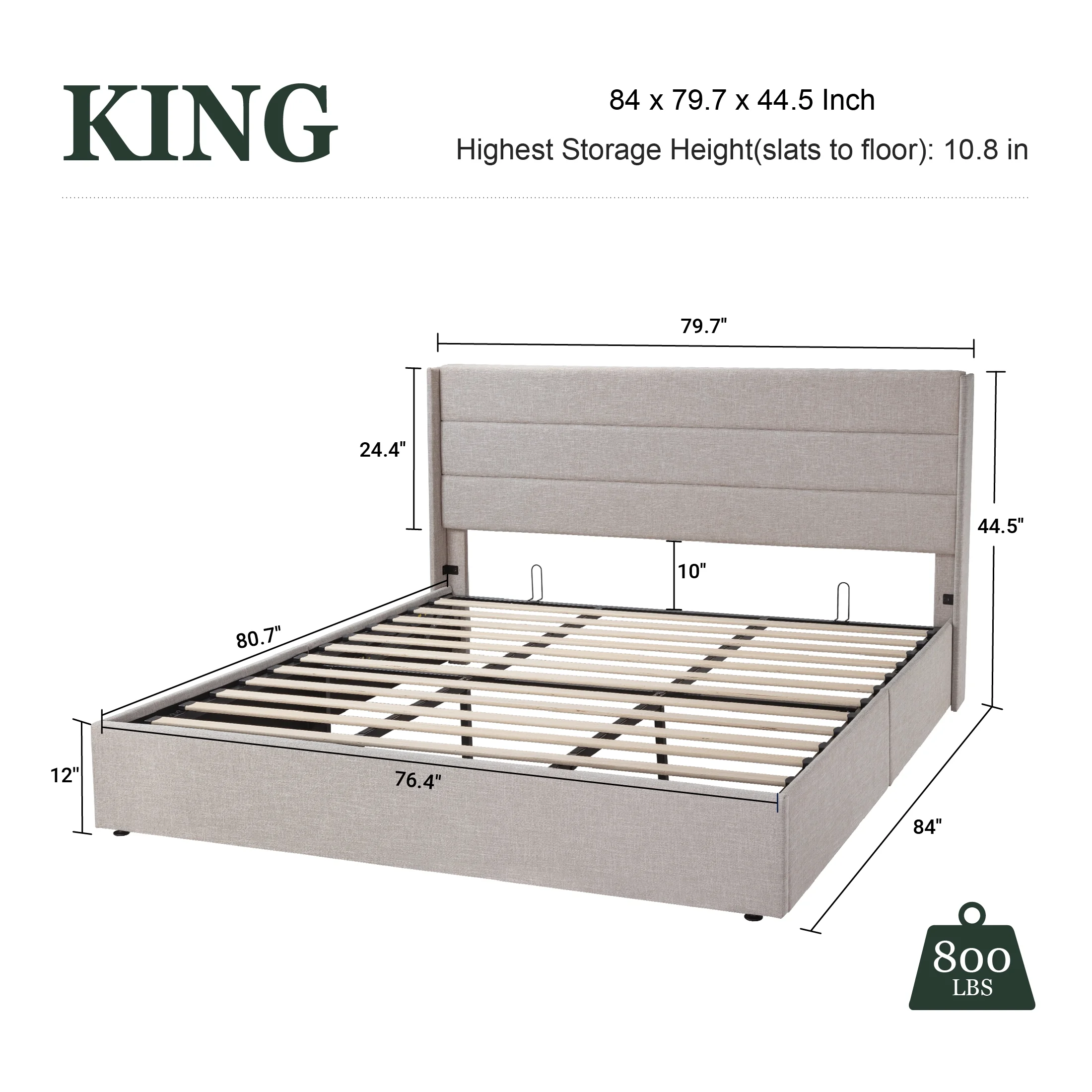 Amolife King Size Upholstered Lift up Storage Platform Bed Frame with Channel Wingback Headboard, Beige, Adult - Inhomebuy